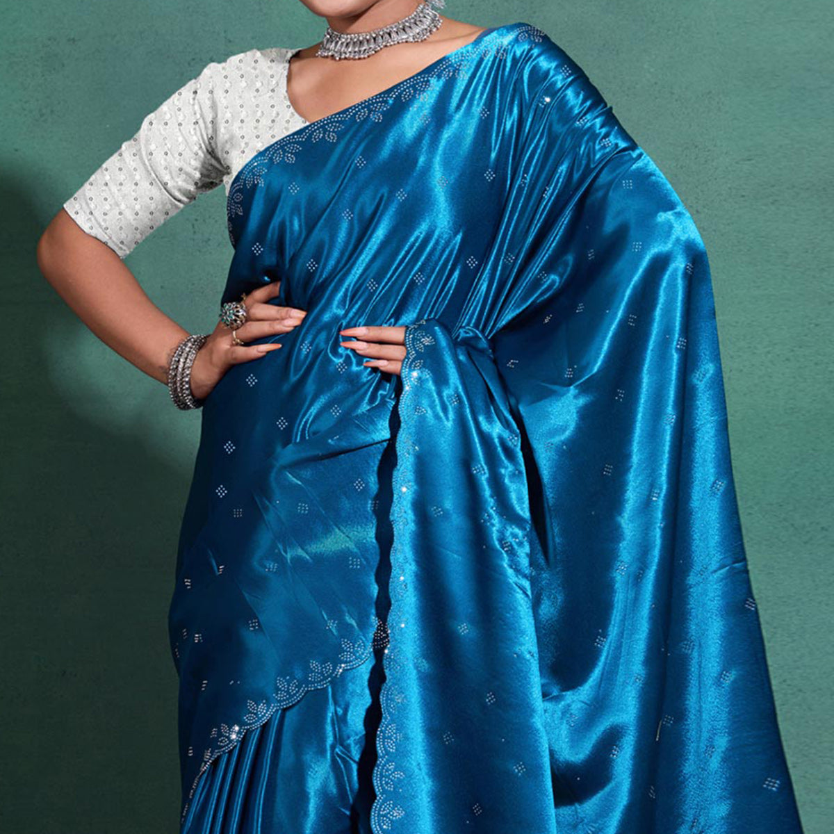 Blue Swarovski Work Embroidered Satin Saree