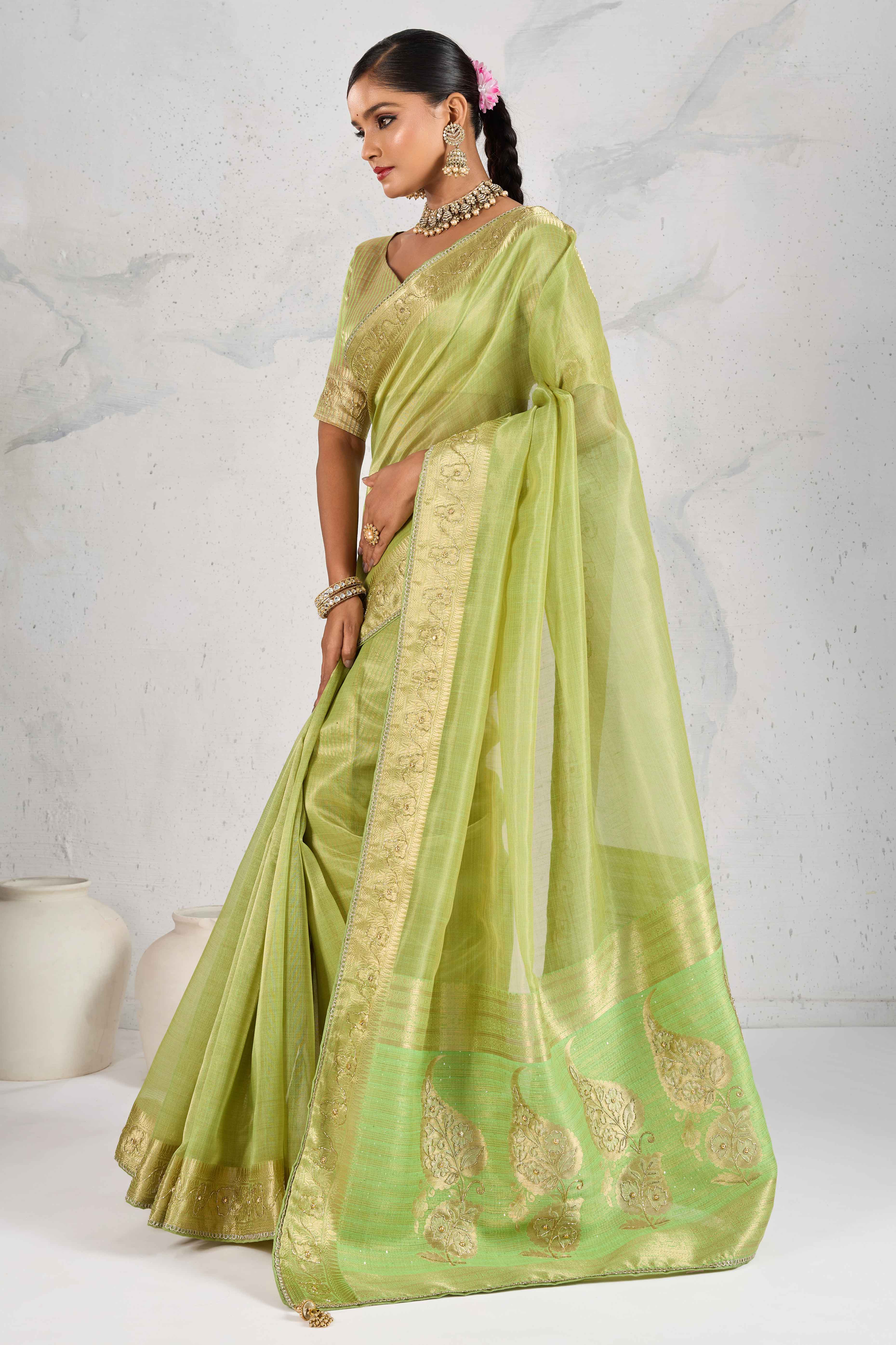 Green Tissue Linen Saree Adorned With Intricate Zardosi & Pearl Cutdana Hand Embroidery