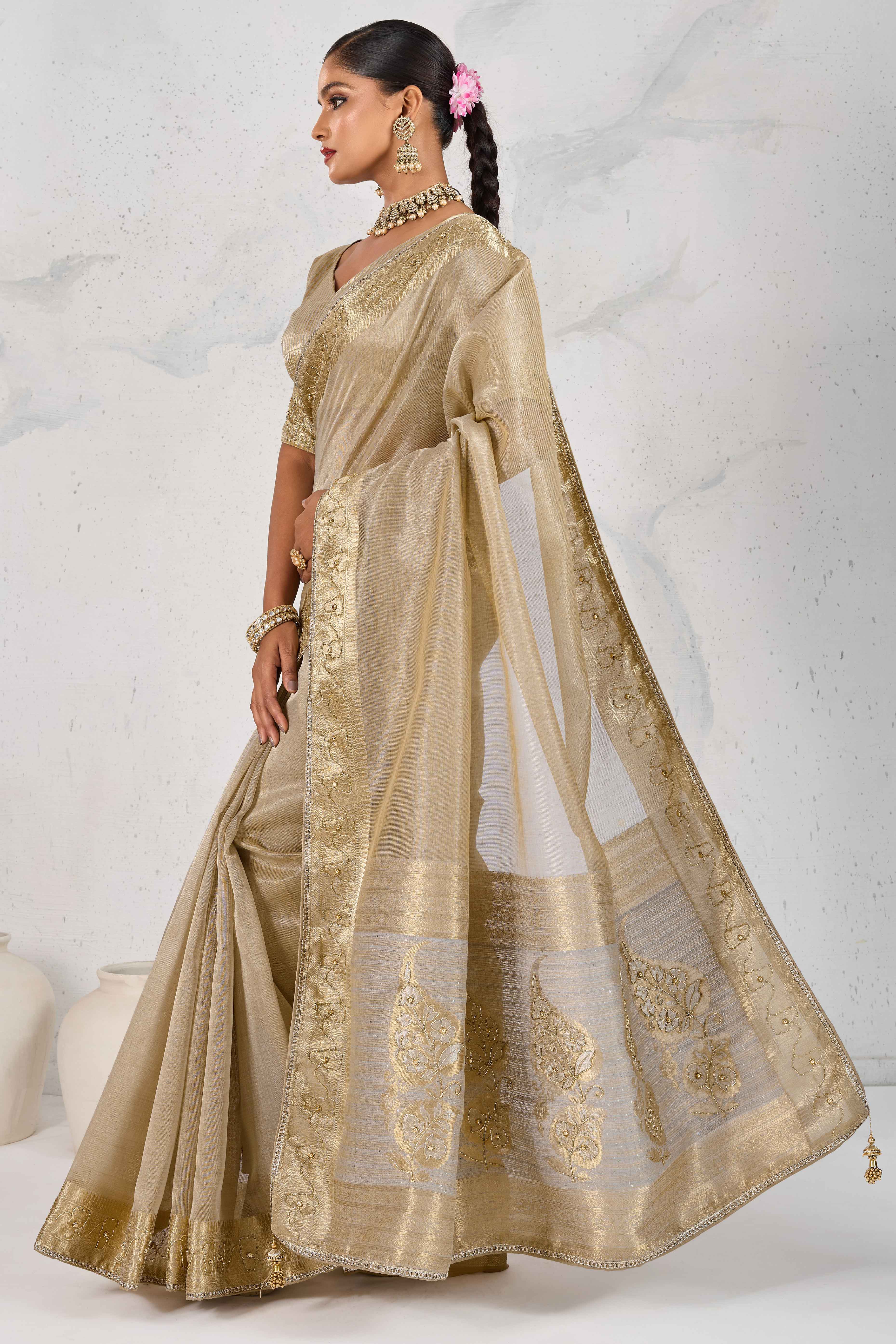 Grey Tissue Linen Saree Adorned With Intricate Zardosi & Pearl Cutdana Hand Embroidery