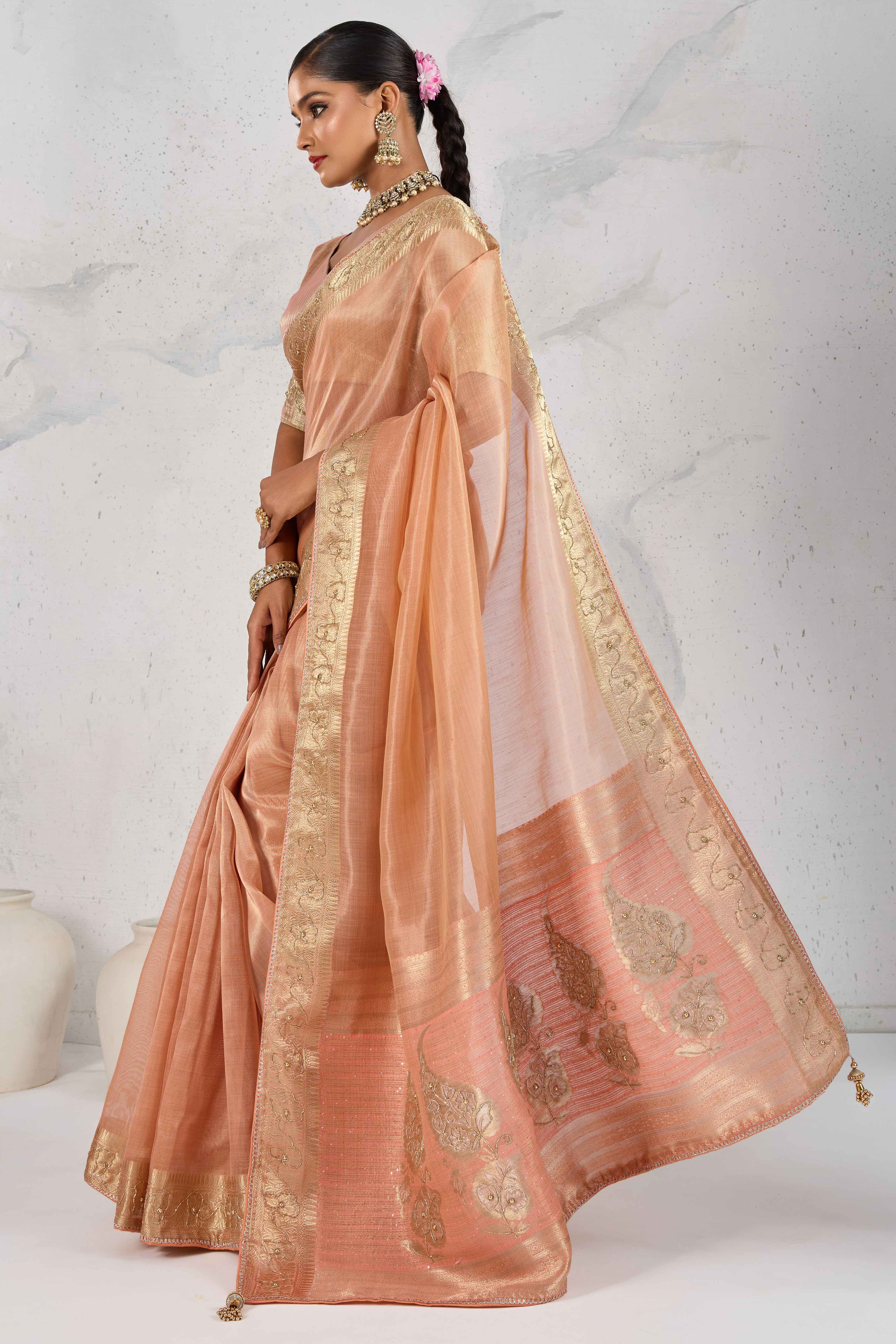 Peach Tissue Linen Saree Adorned With Intricate Zardosi & Pearl Cutdana Hand Embroidery