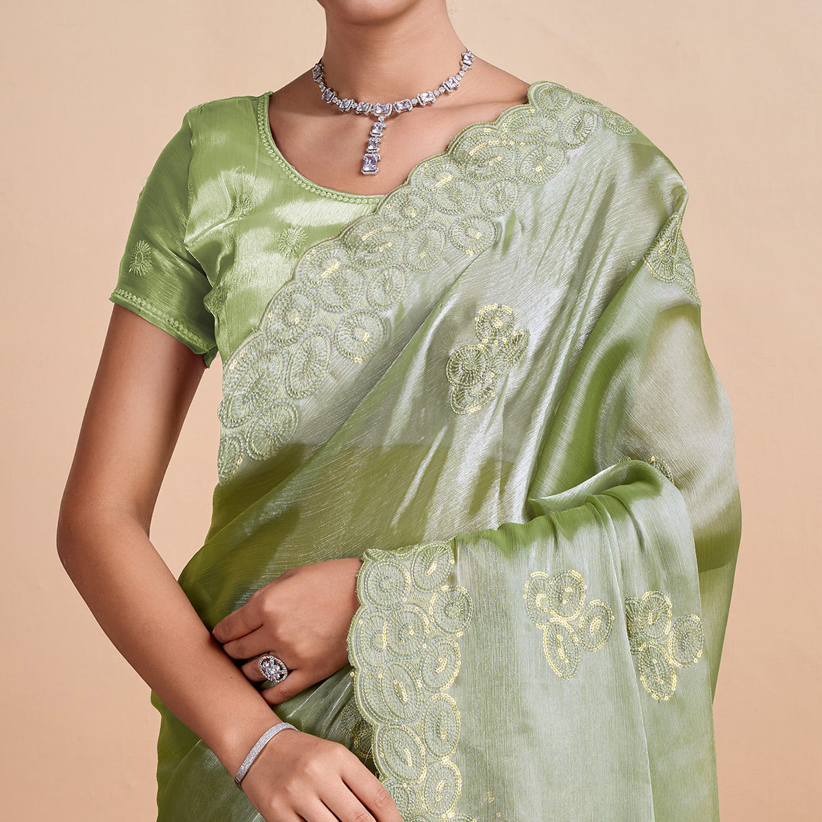 Green Sequins Embroidered Organza Saree