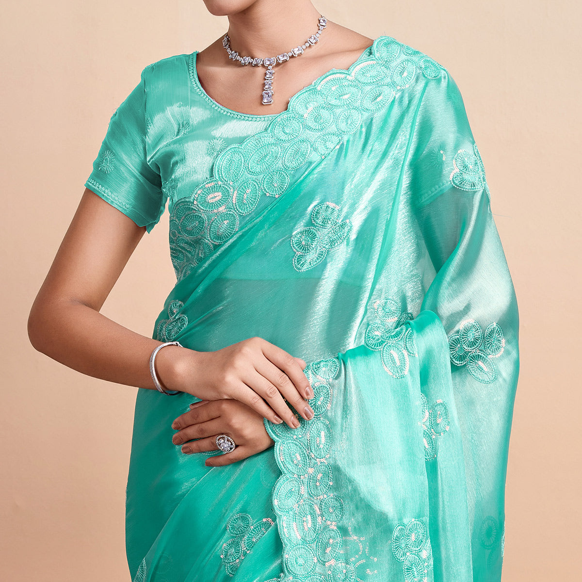 Rama Green Sequins Embroidered Organza Saree