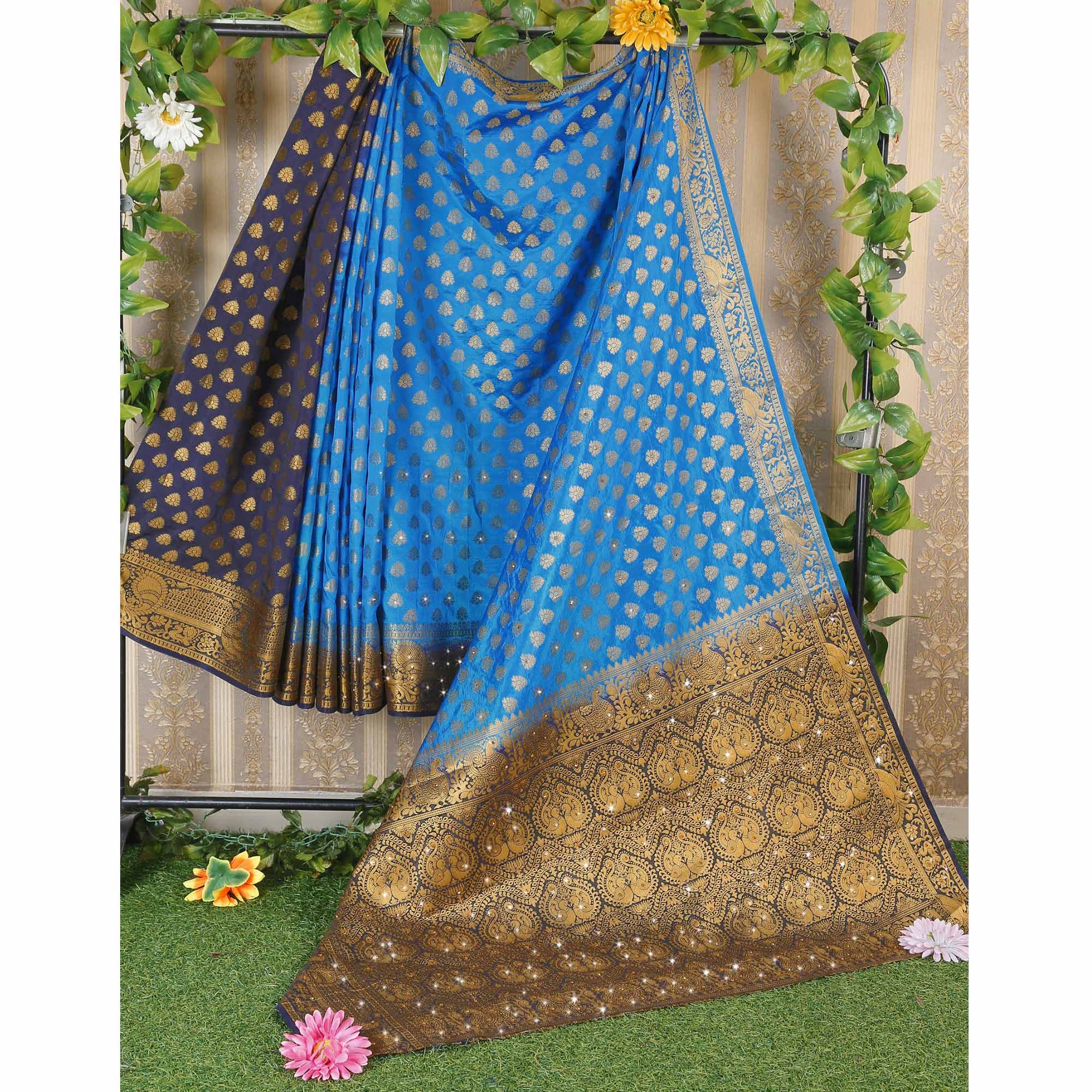 Blue Woven With Stone Work Banarasi Silk Saree