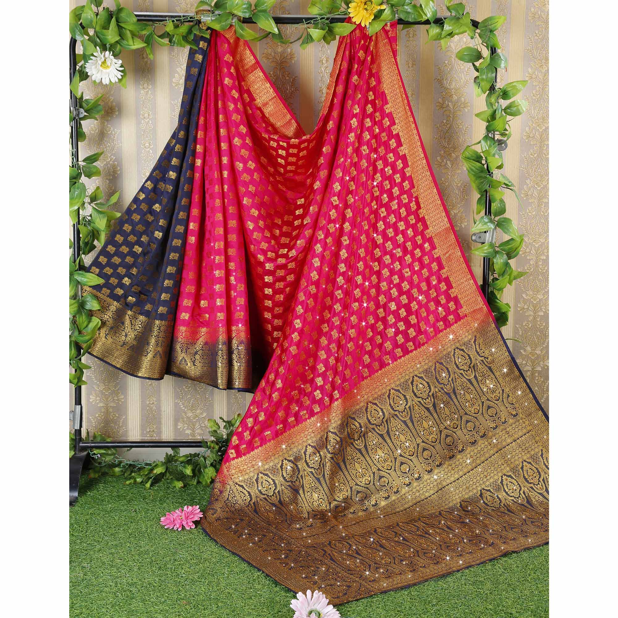 Pink Woven With Stone Work Banarasi Silk Saree