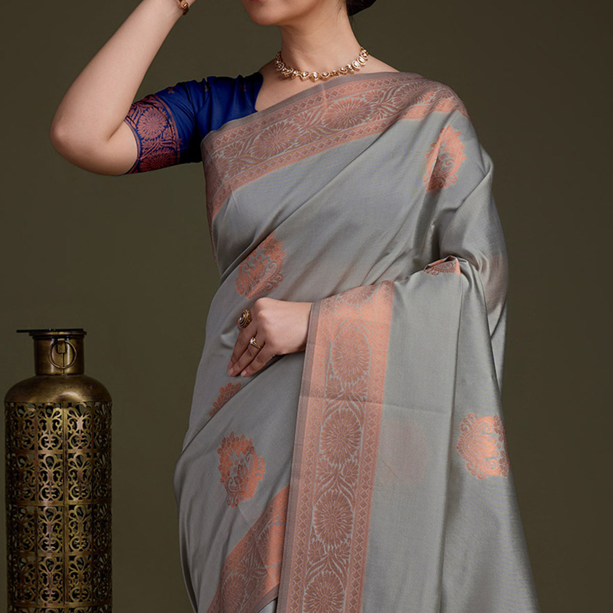 Grey Floral Woven Banarasi Silk Saree
