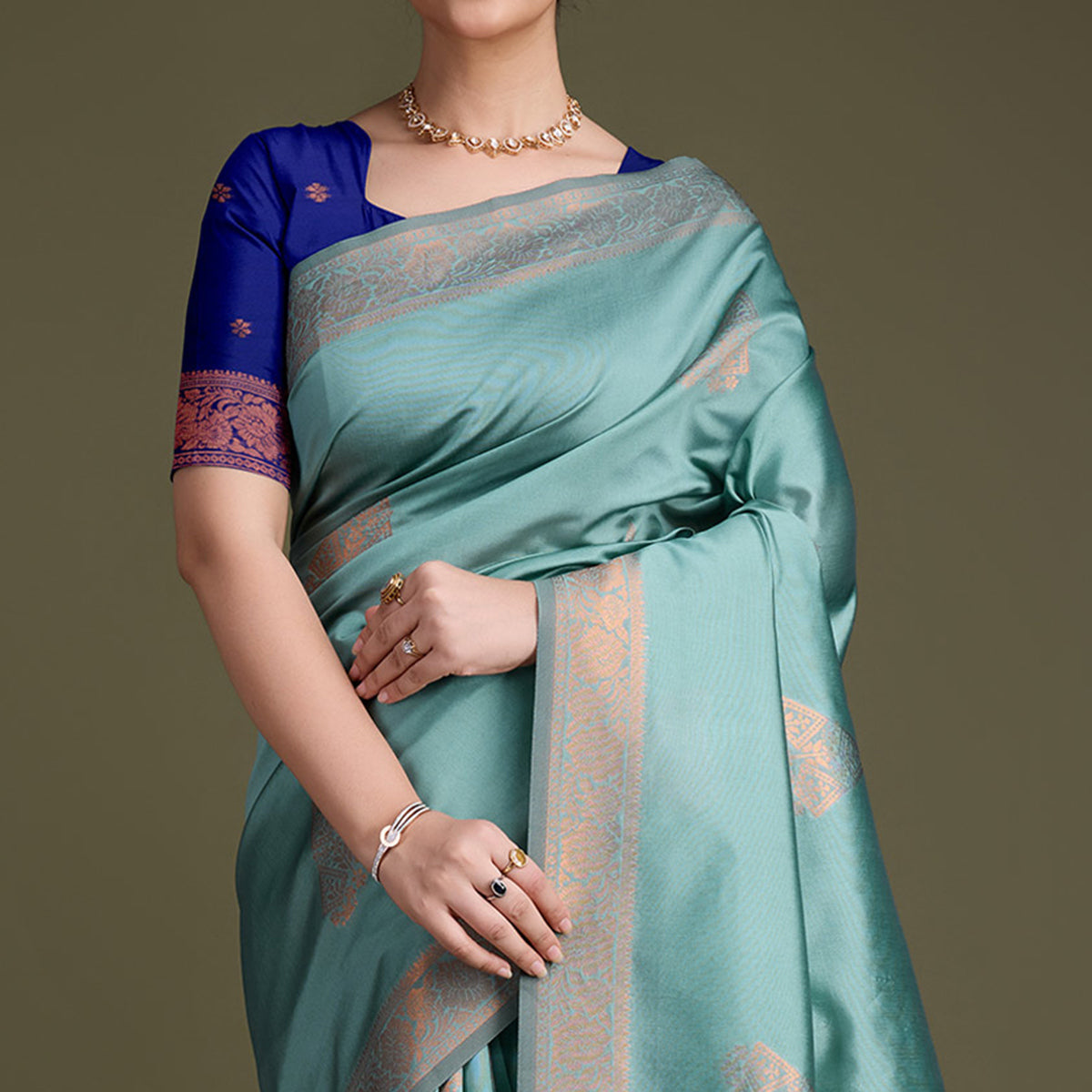Turquoise Floral Woven Banarasi Silk Saree