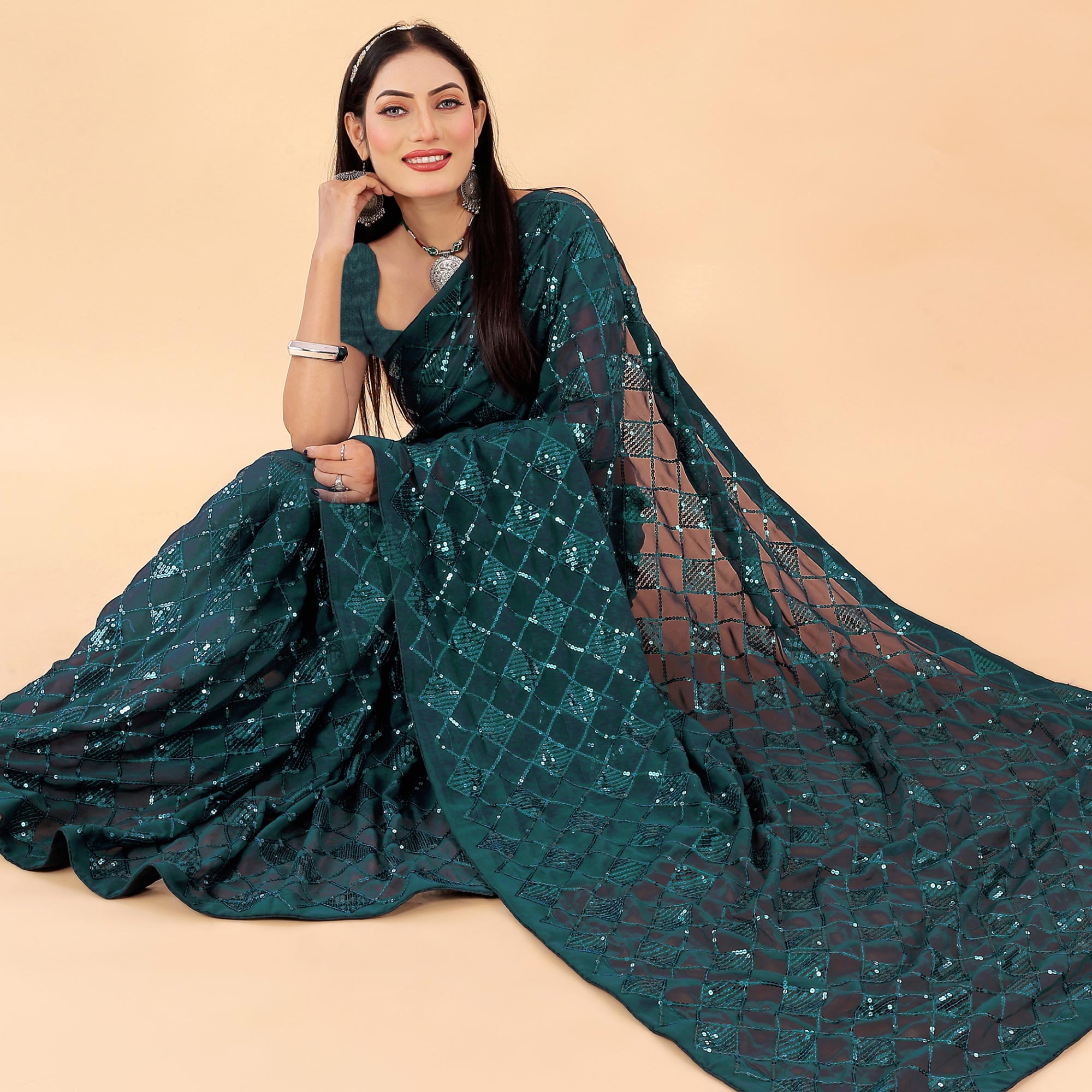 Teal Green Sequins Embroidered Georgette Saree