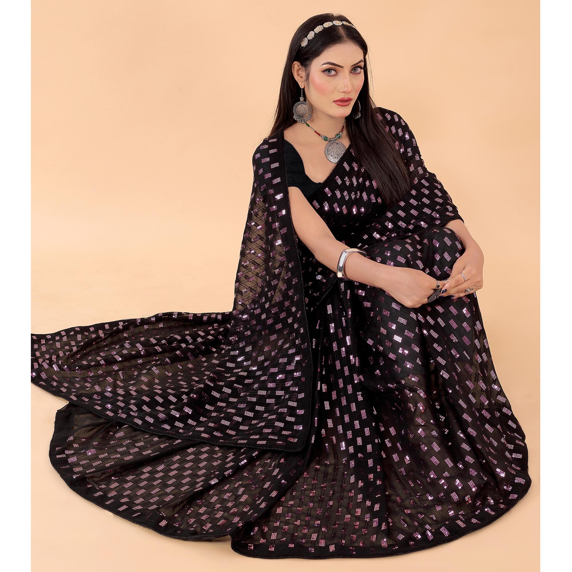 Black Sequins Embroidered Georgette Saree