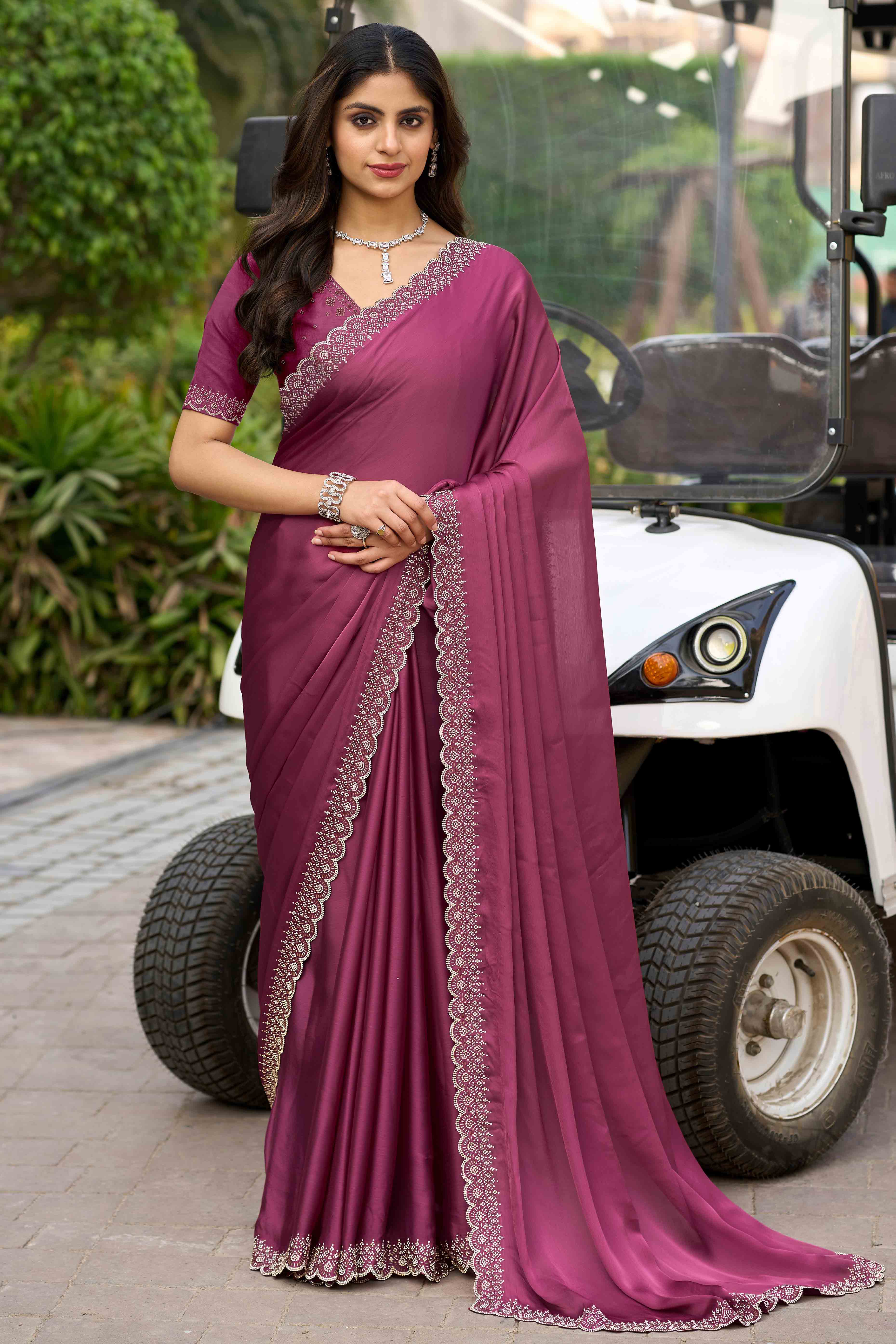 5Rouge Pink Solid Satin Chiffon Saree With Cutdana & Zarkan Handwork