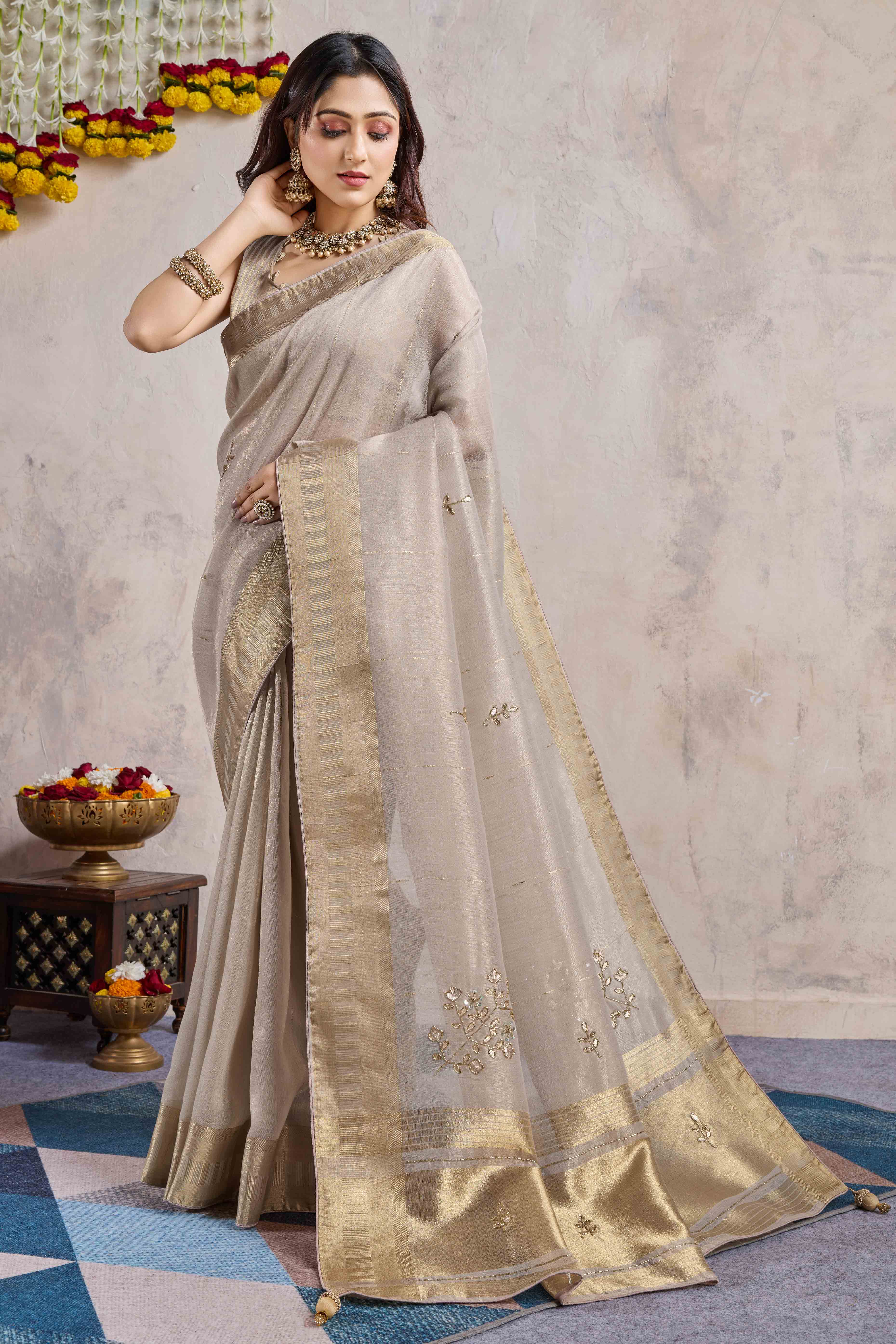 Grey Beads Work Woven Linen Slub Saree