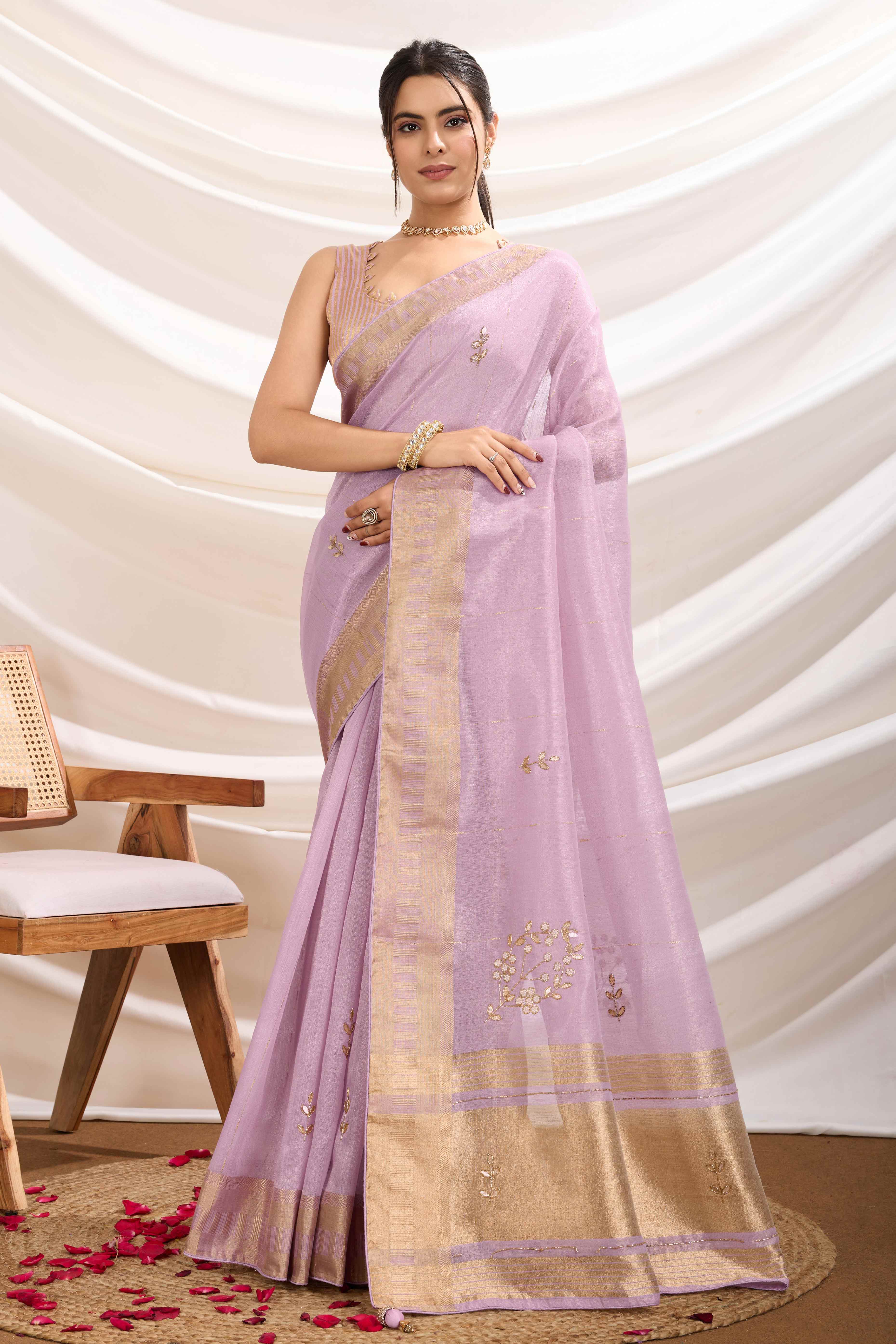 Lilac Purple Linen Tissue Saree With Hand-Stitched Moti & Cutdana Work