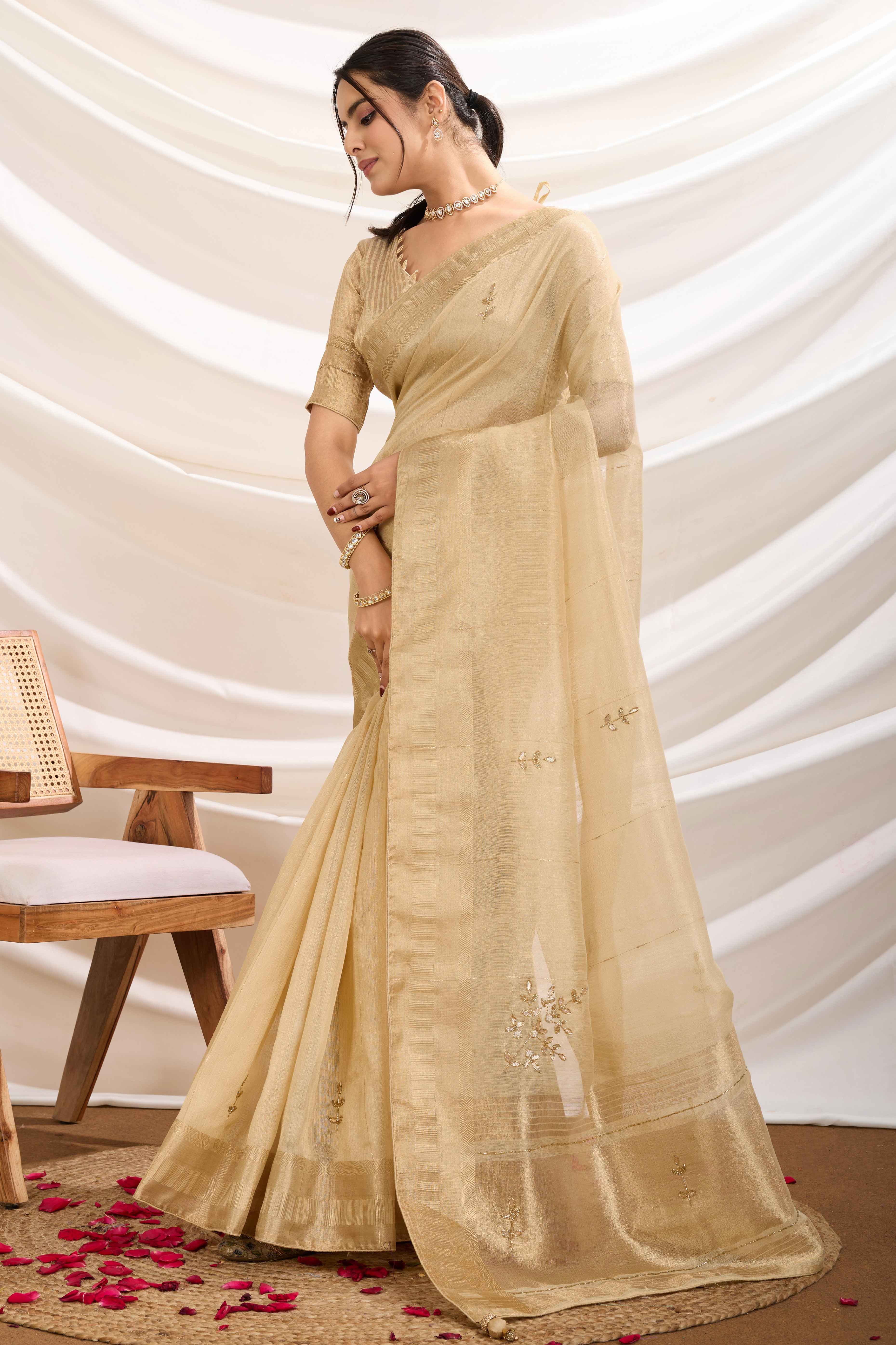 Chikoo Linen Tissue Saree With Hand-Stitched Moti & Cutdana Work