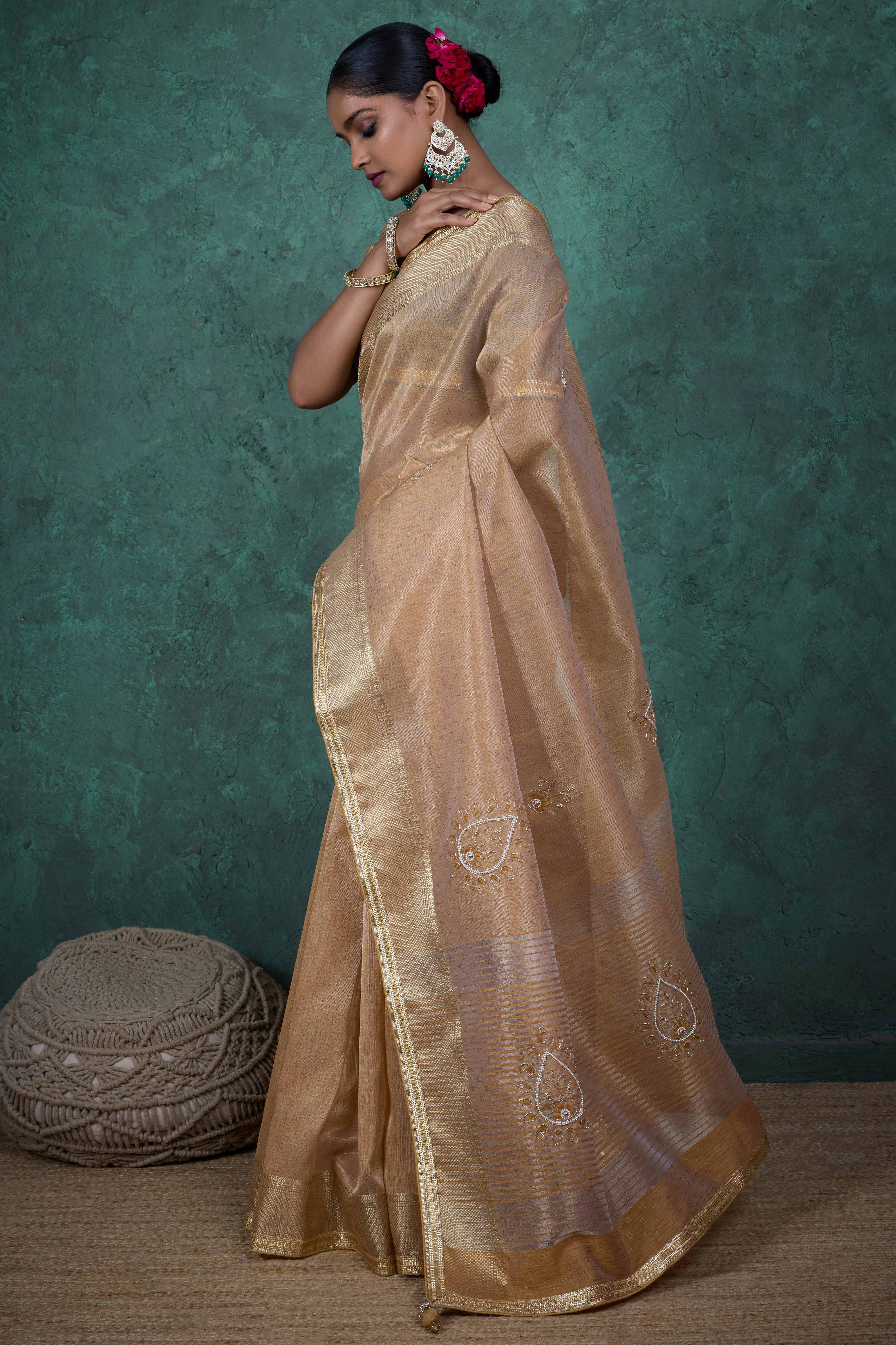 Beige Woven Linen Tissue Saree Featuring Beads Embellishment