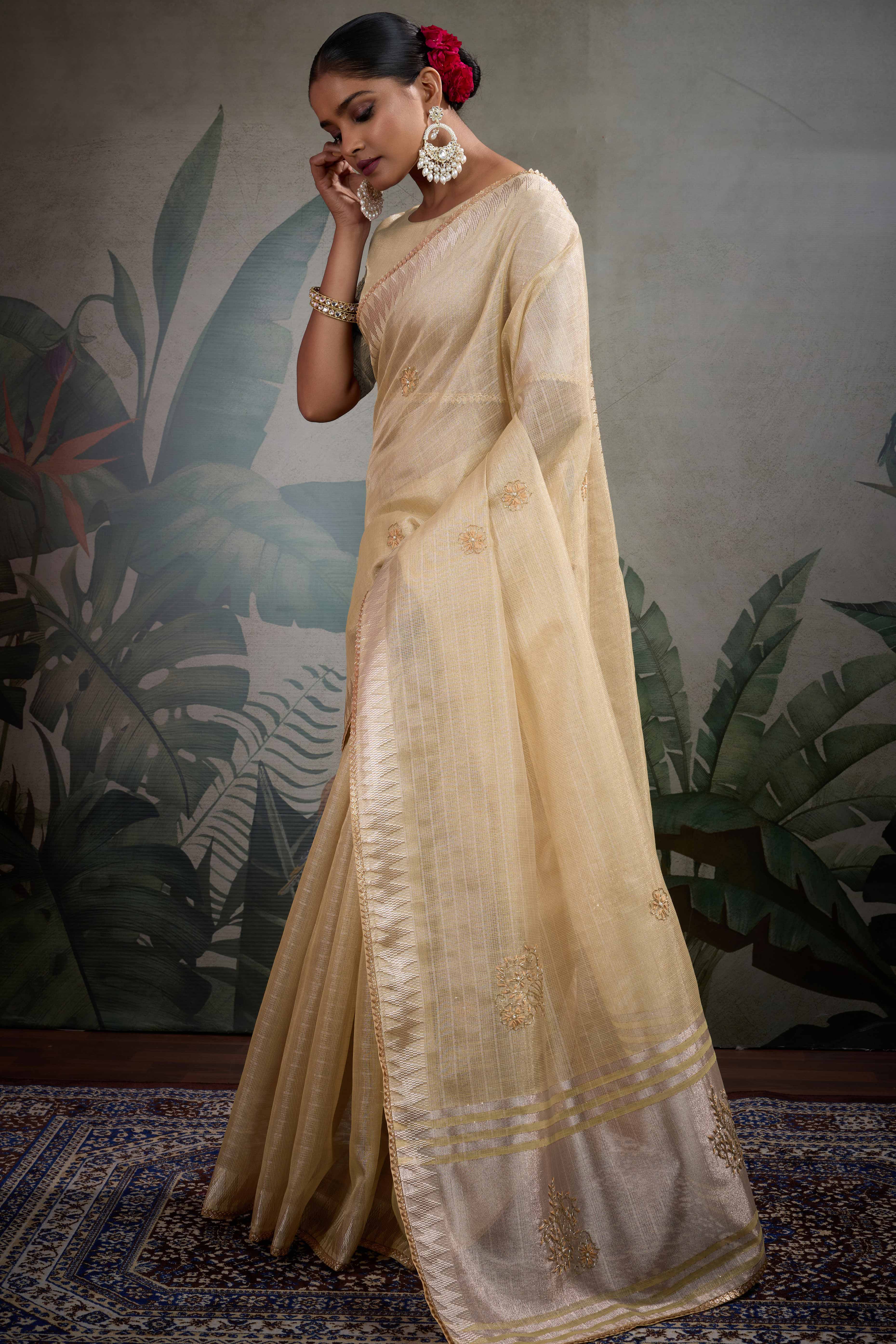 Beige Linen Tissue Saree with Hand Beads Embellishment