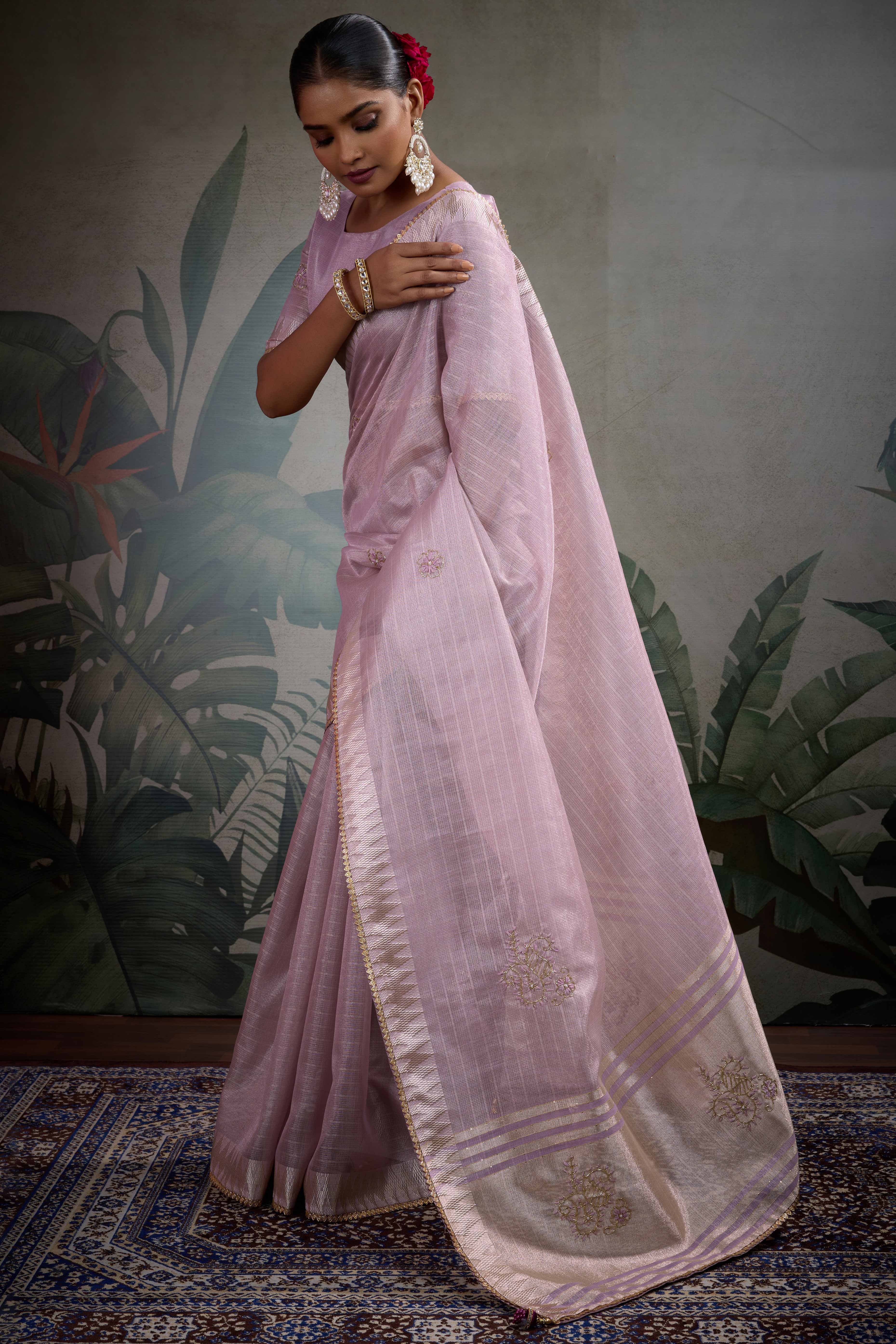 Mauve Linen Tissue Saree with Hand Beads Embellishment