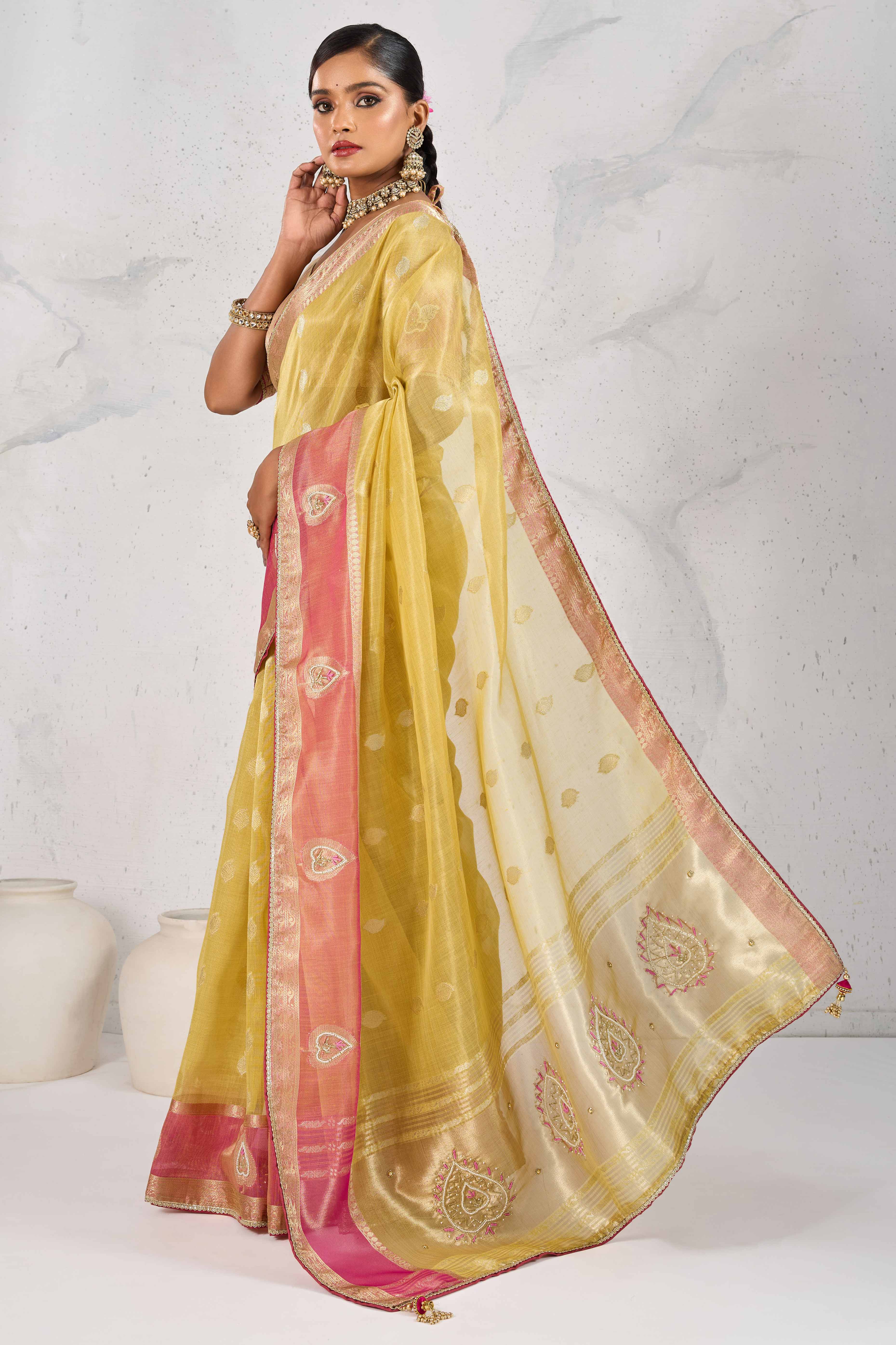 Yellow Designer Tissue Linen Woven Saree with Luxe Zari and Beads Work