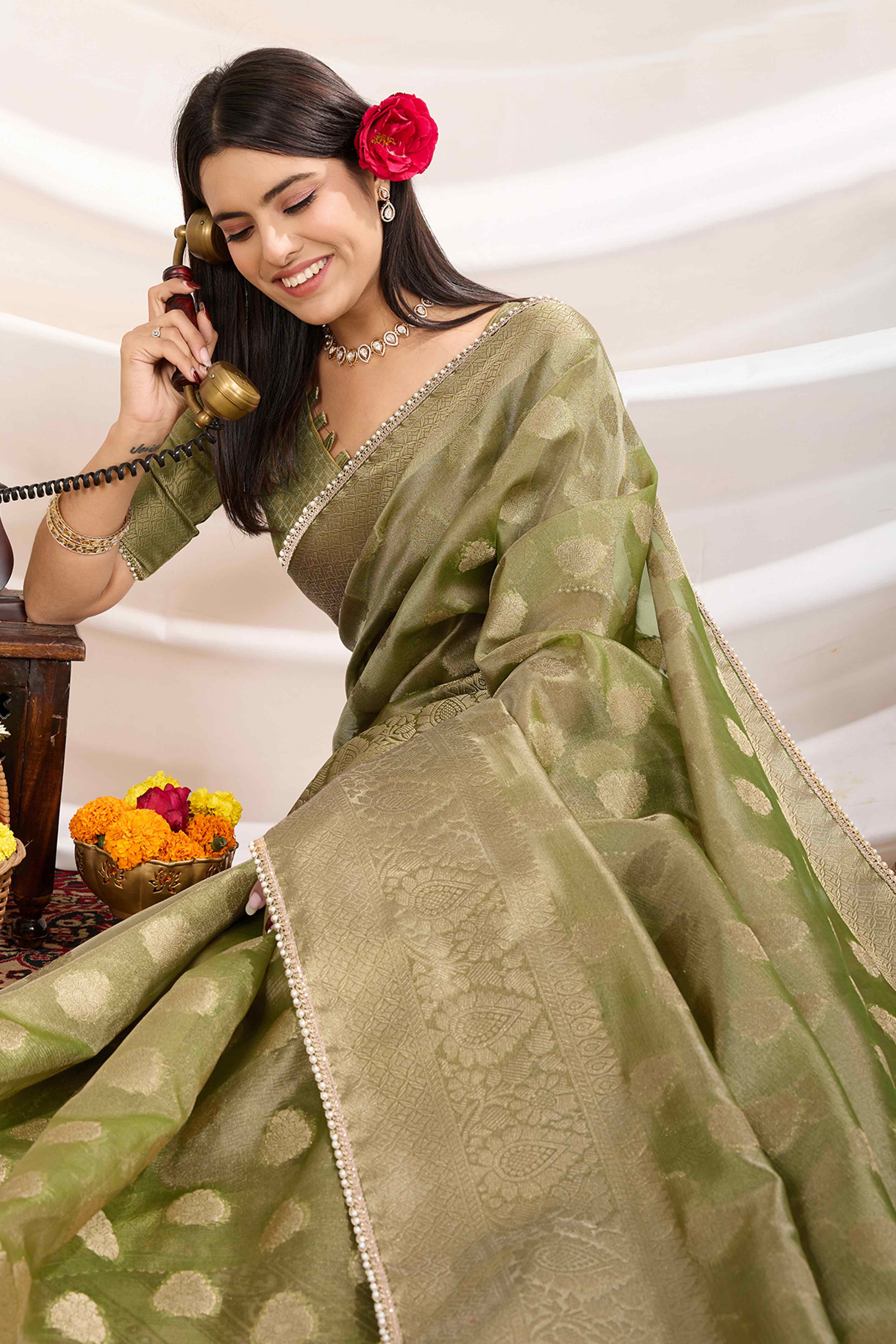 Green Floral Woven Tissue Silk Saree With Pearl Lace & Designer Tassels