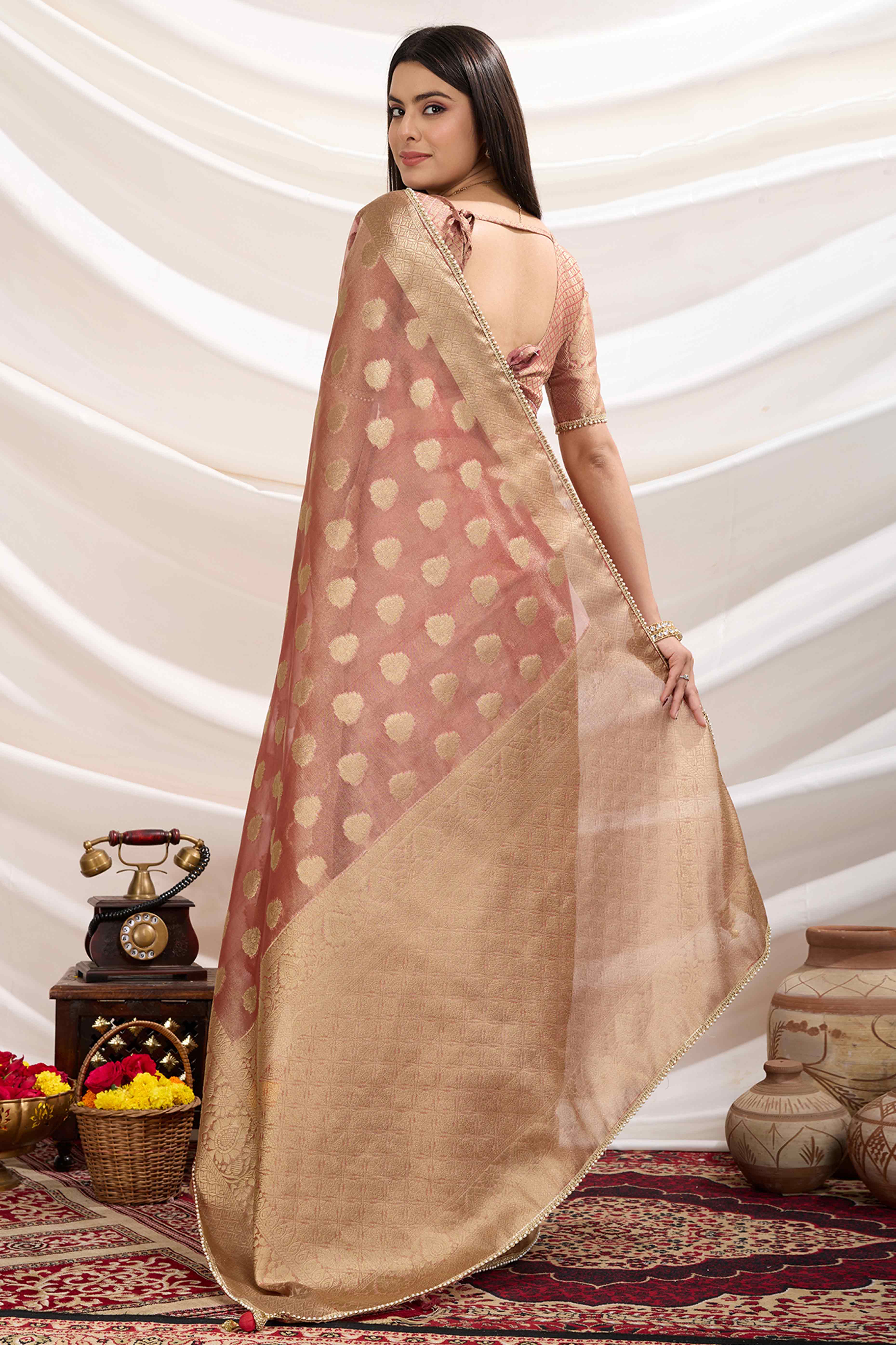 Peach Floral Woven Tissue Silk Saree With Pearl Lace & Designer Tassels