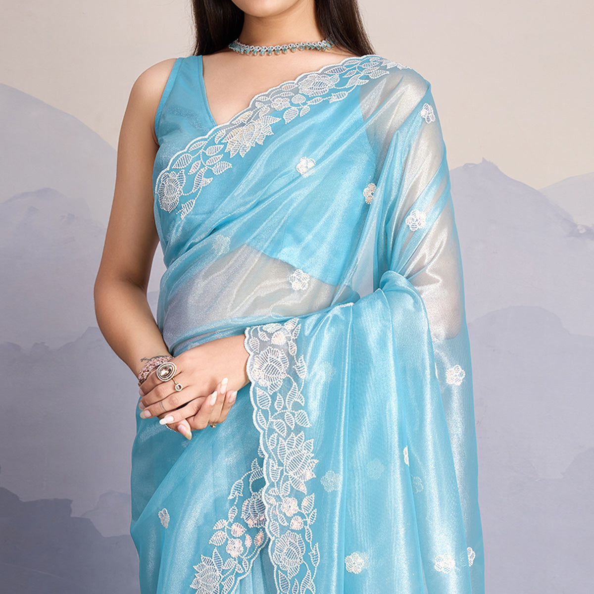 Blue Floral Sequins Embroidered Twill Net Saree