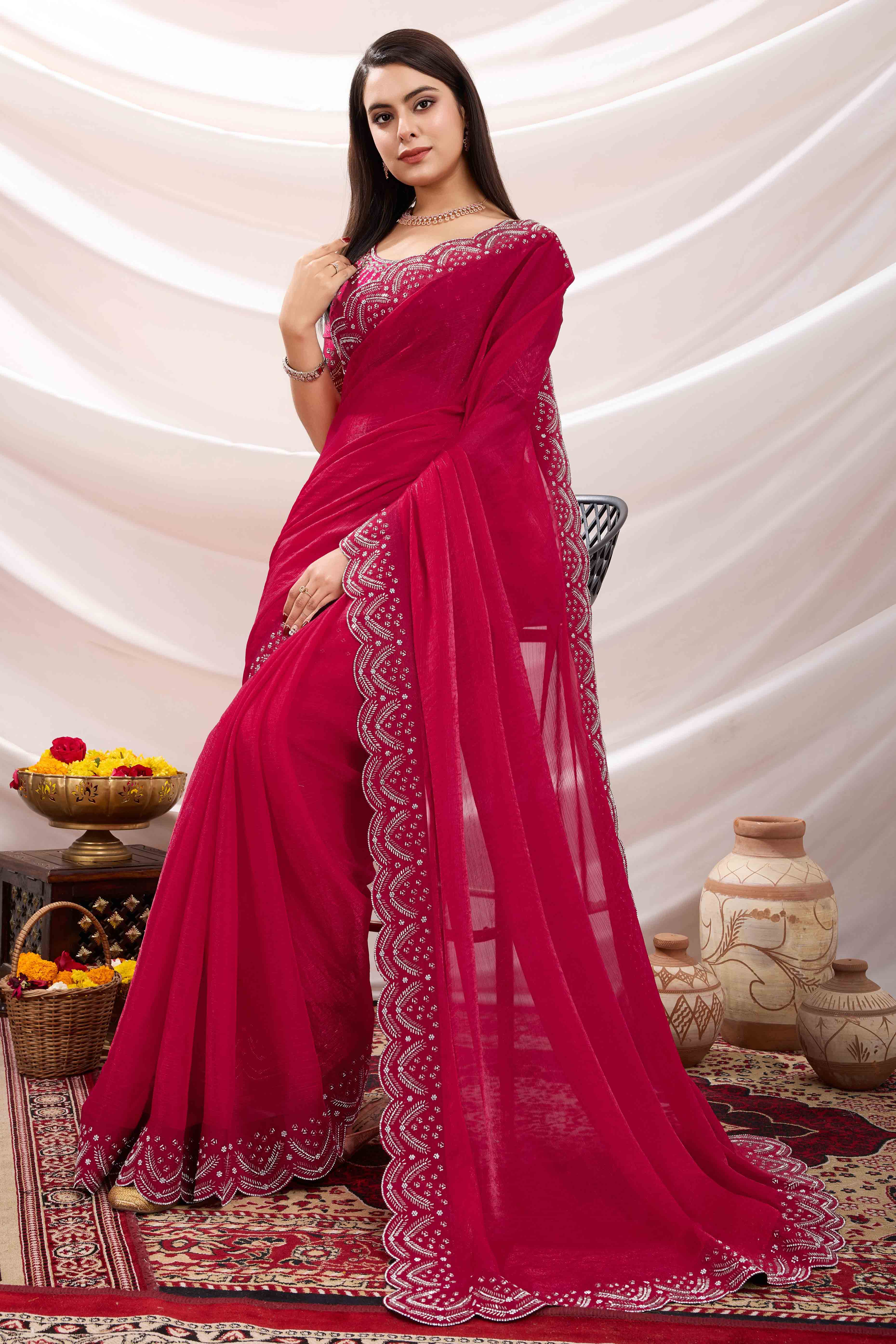 Pink Stone Work Embroidered Velvet Chiffon Saree