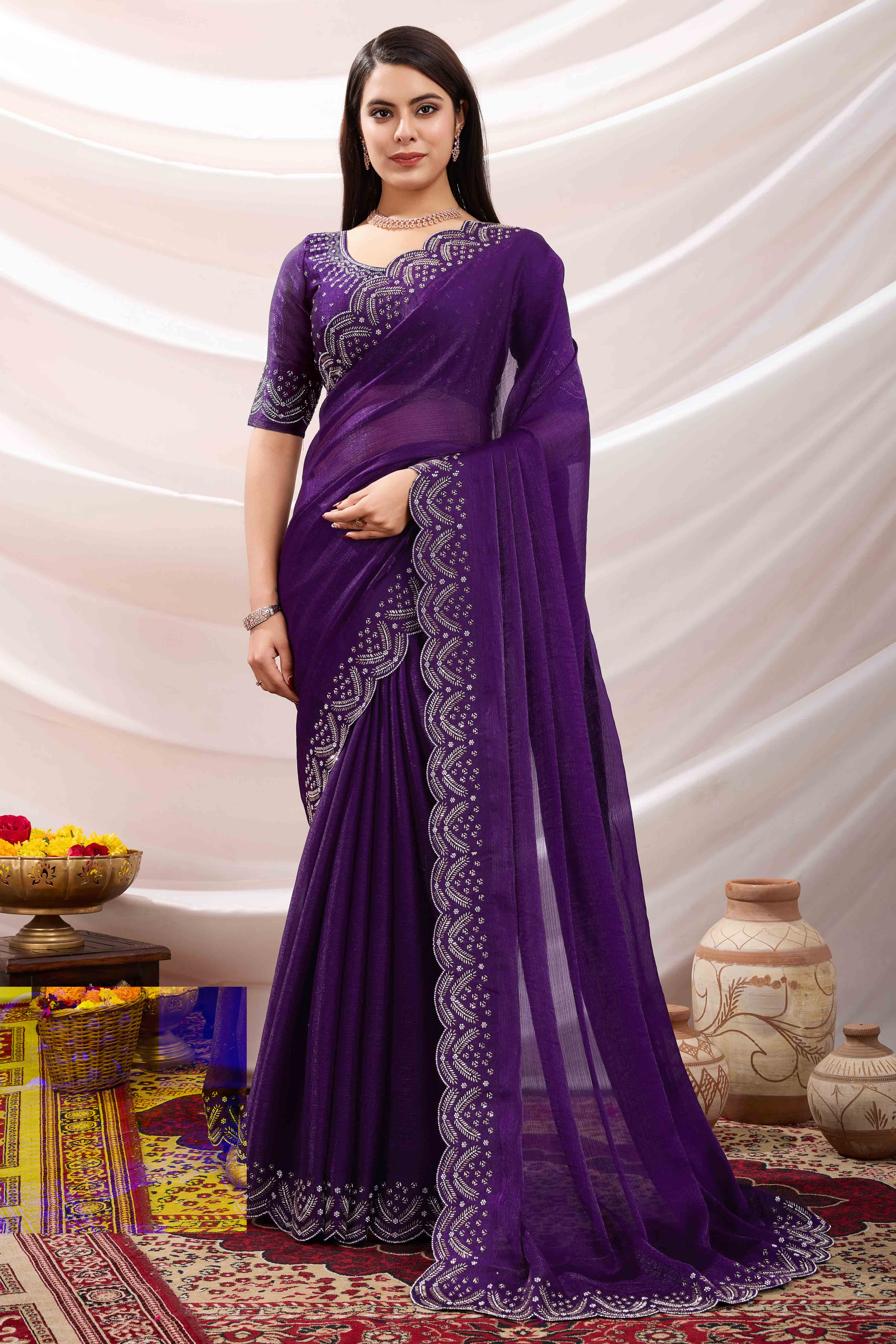 Purple Stone Work Embroidered Velvet Chiffon Saree