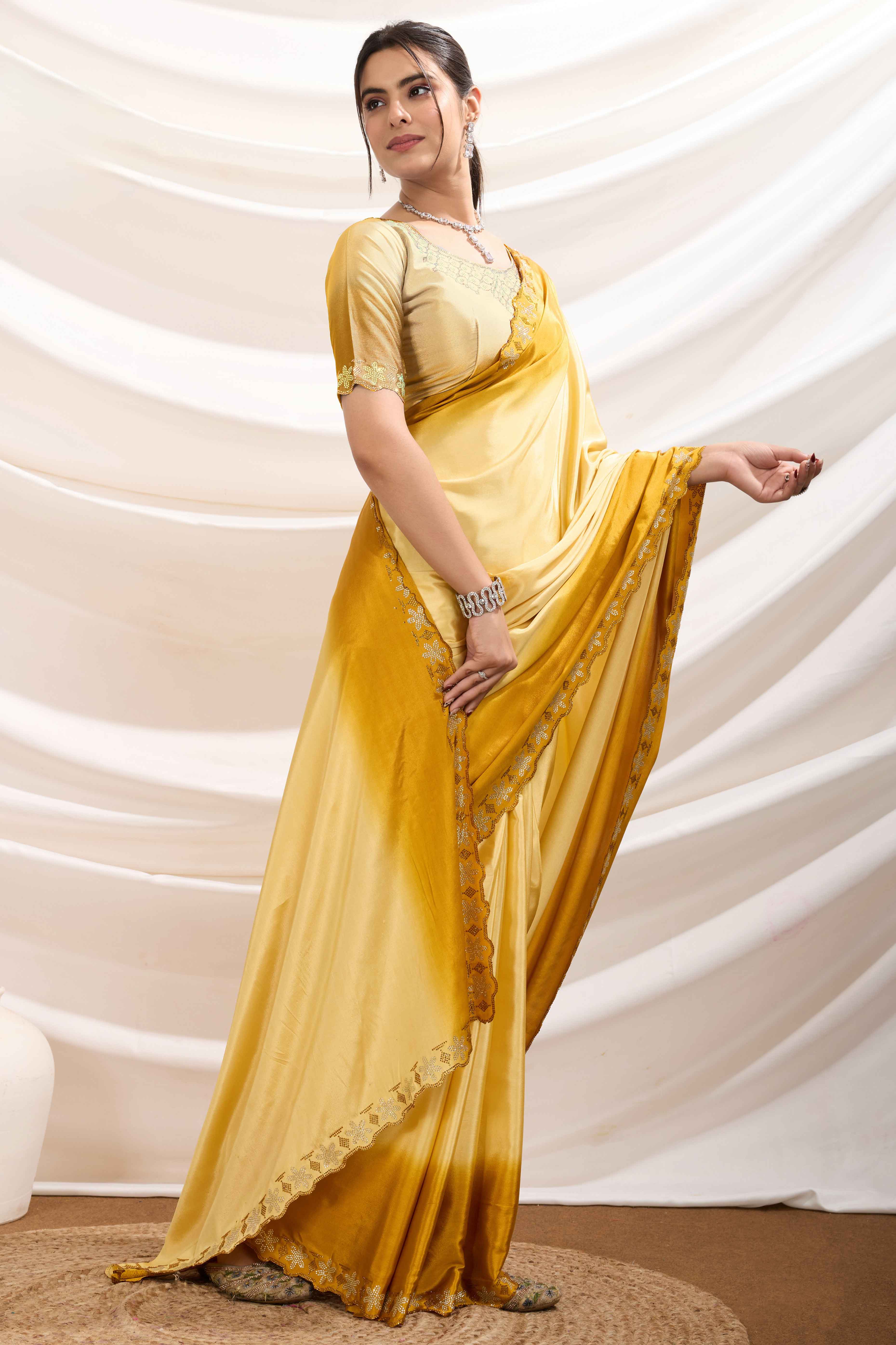 Gold Two Tone Ombre Crepe Saree With Exquisite Floral Stonework