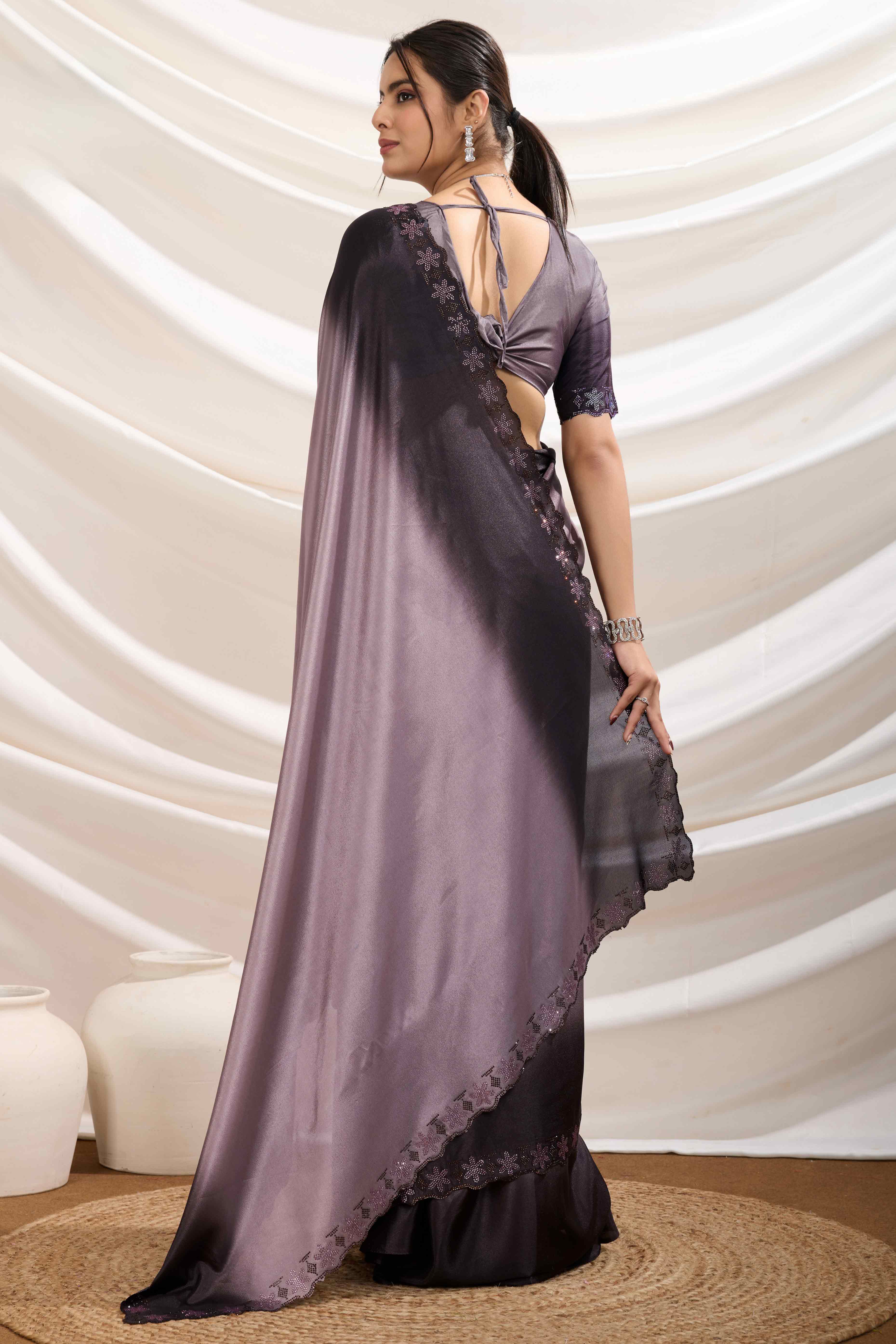 Wine Two Tone Ombre Crepe Saree With Exquisite Floral Stonework