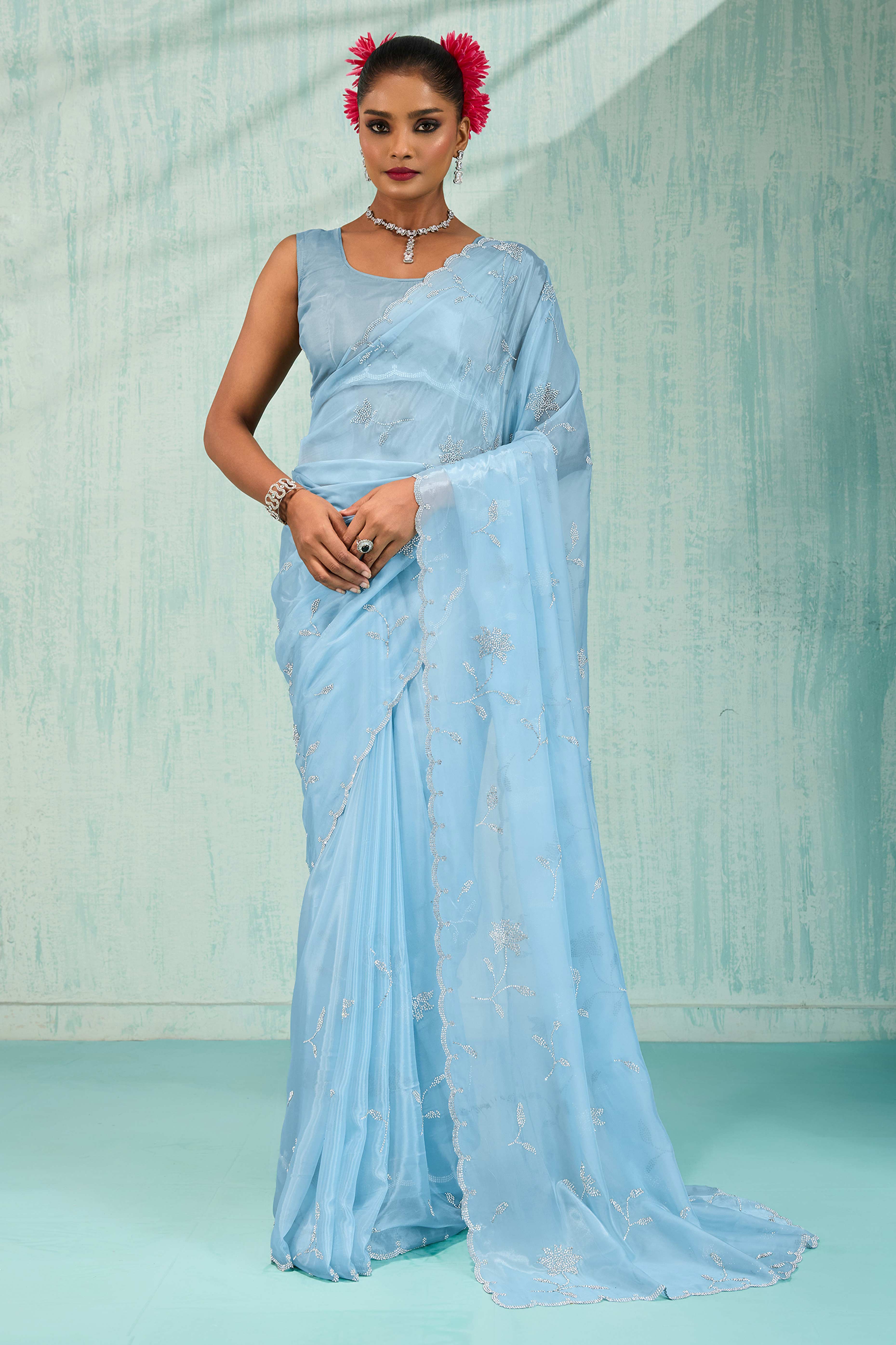 Sky Blue Embellished Viscose Saree Featuring Luxe Crystal Detailing