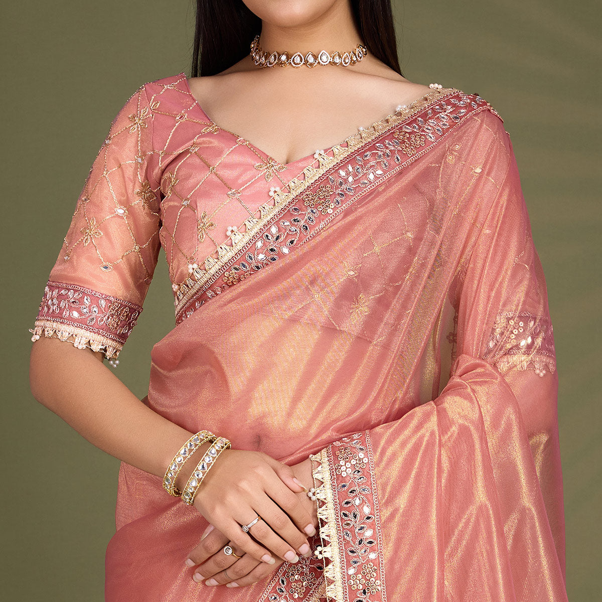 Peach Sequins Embroidery With Mirror Handwork Twill Net Saree