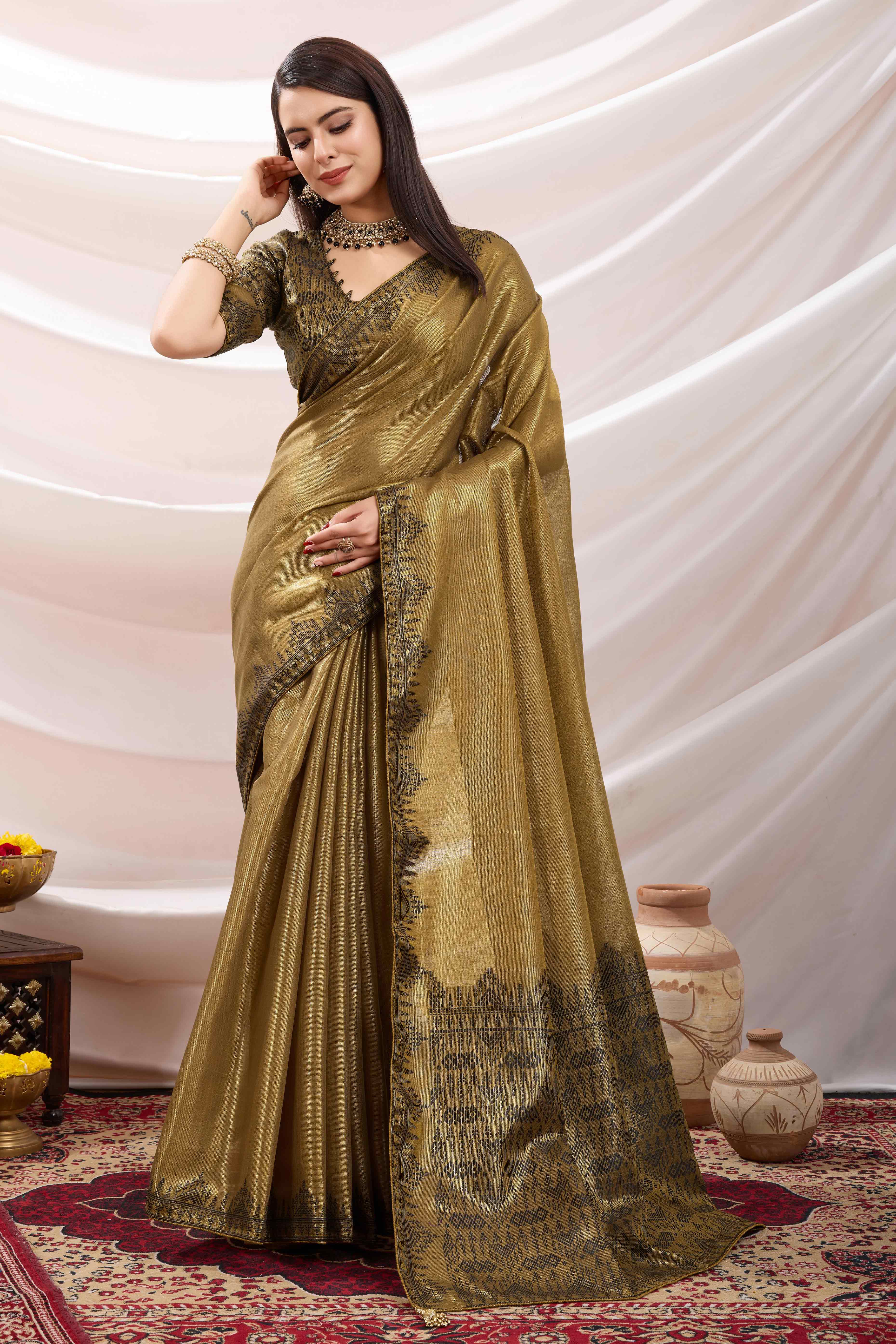 Mehendi Green Festive Linen Tissue Saree with Zari Borders