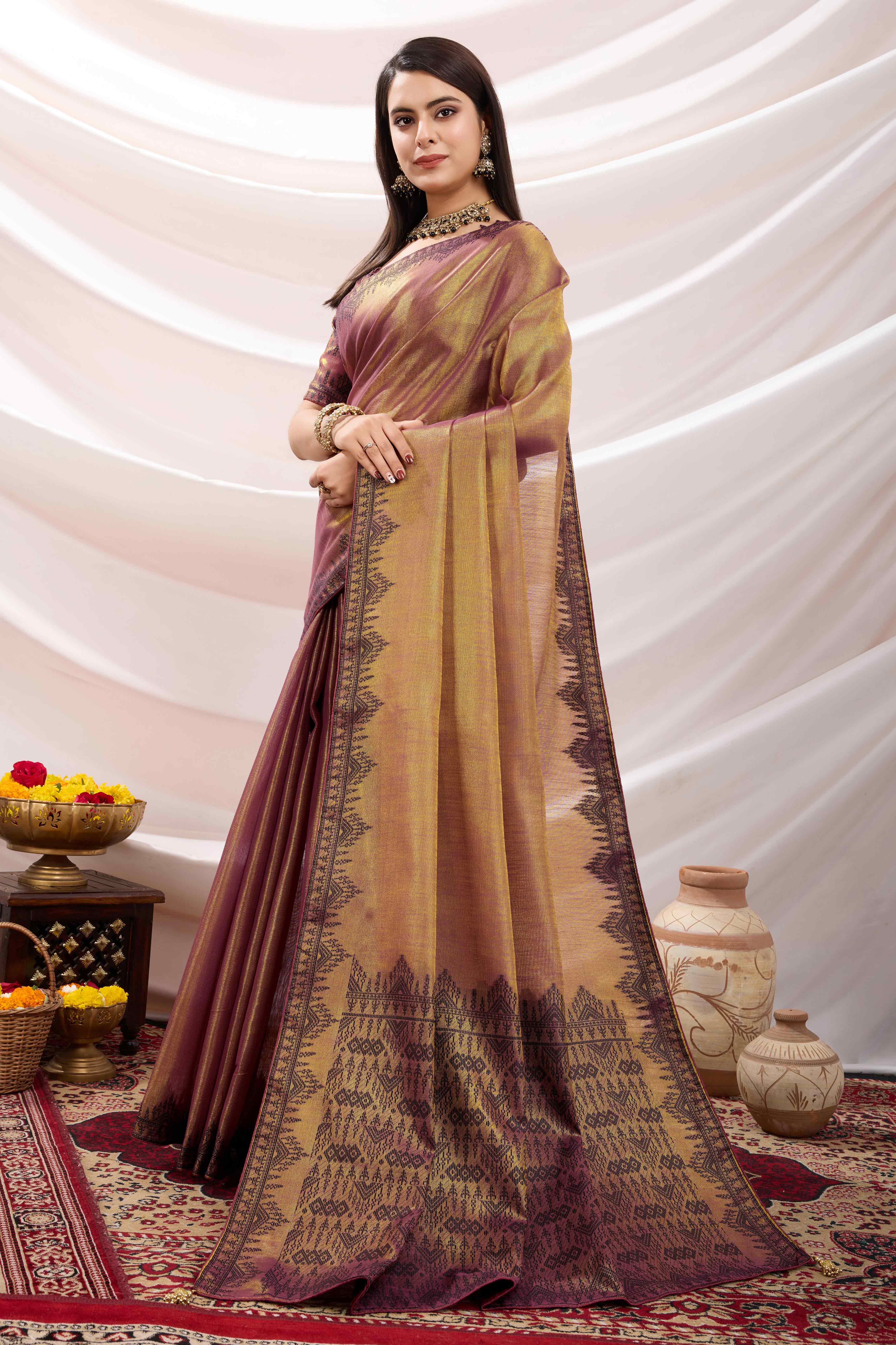 Brownish Maroon Festive Linen Tissue Saree with Zari Borders