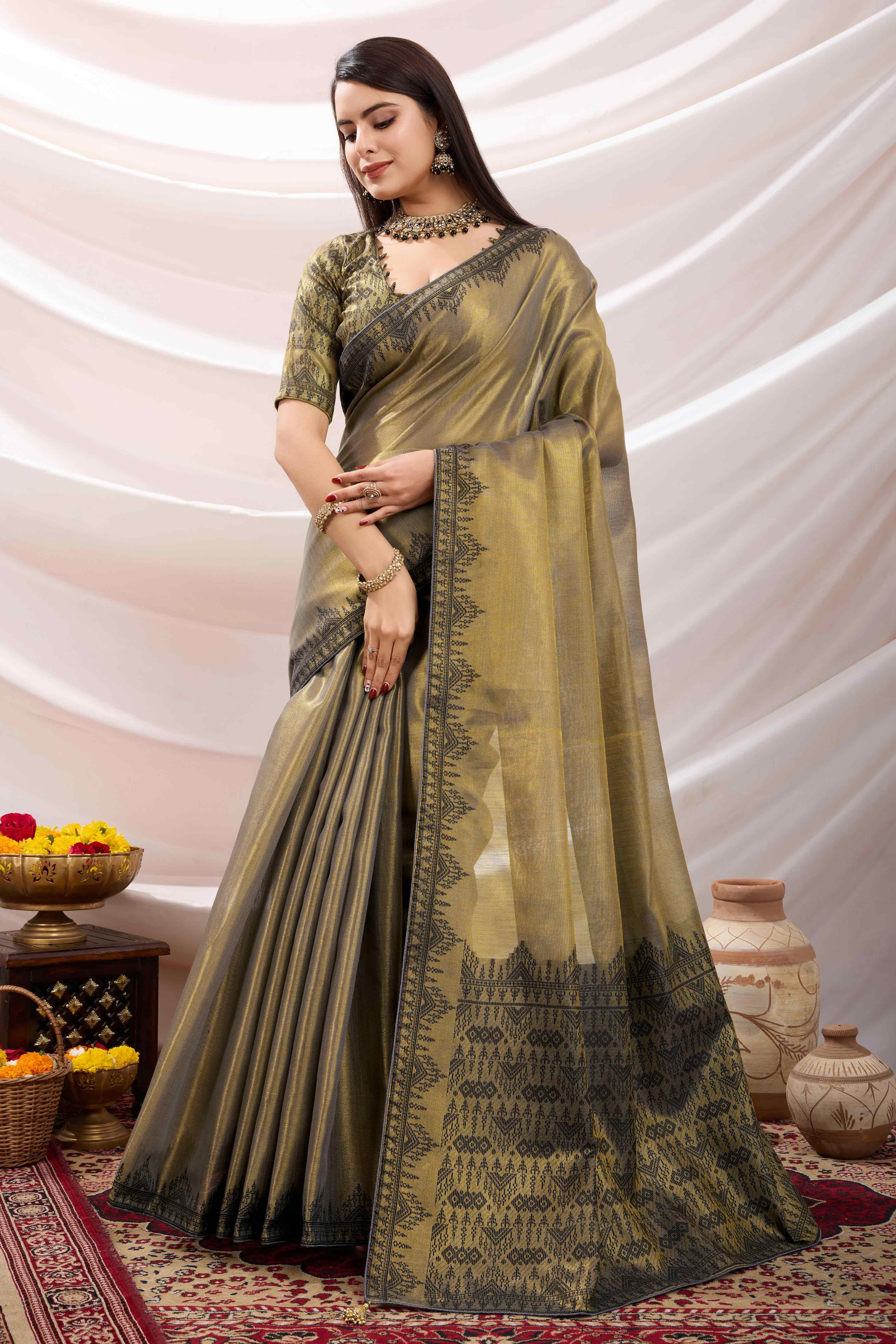 Dusty Green Festive Linen Tissue Saree with Zari Borders