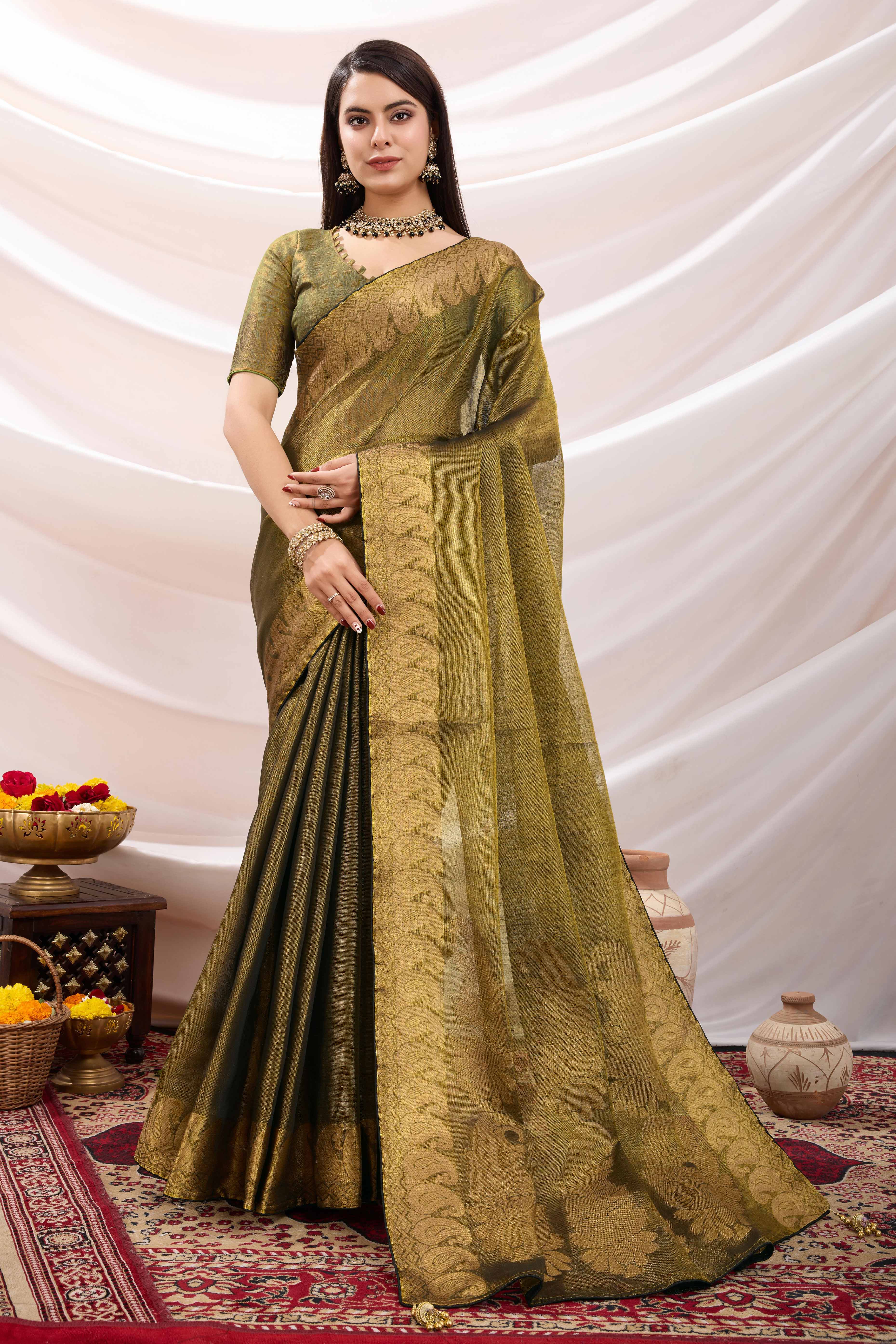 Green Festive Linen Tissue Saree with Zari Borders