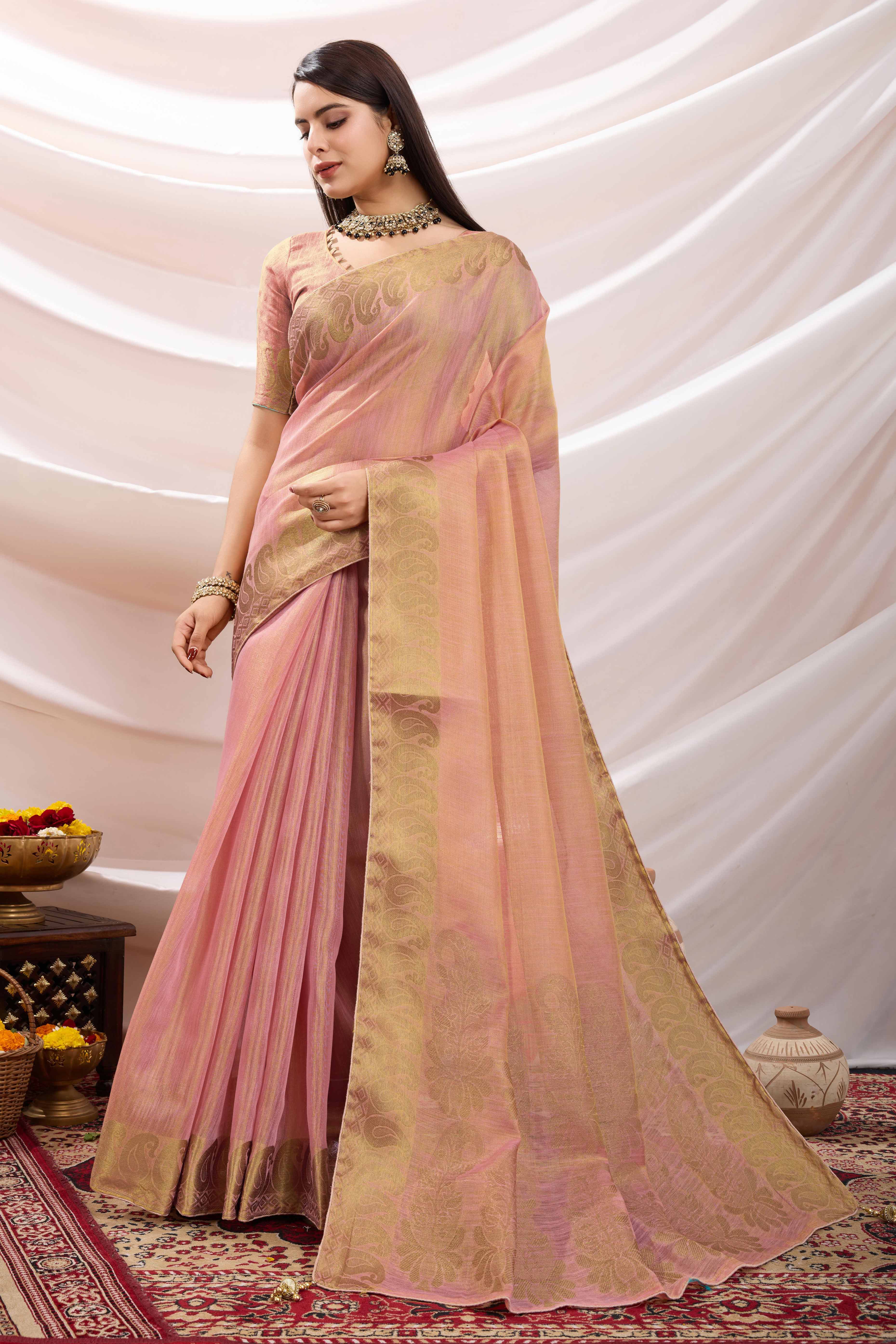 Pink Festive Linen Tissue Saree with Zari Borders