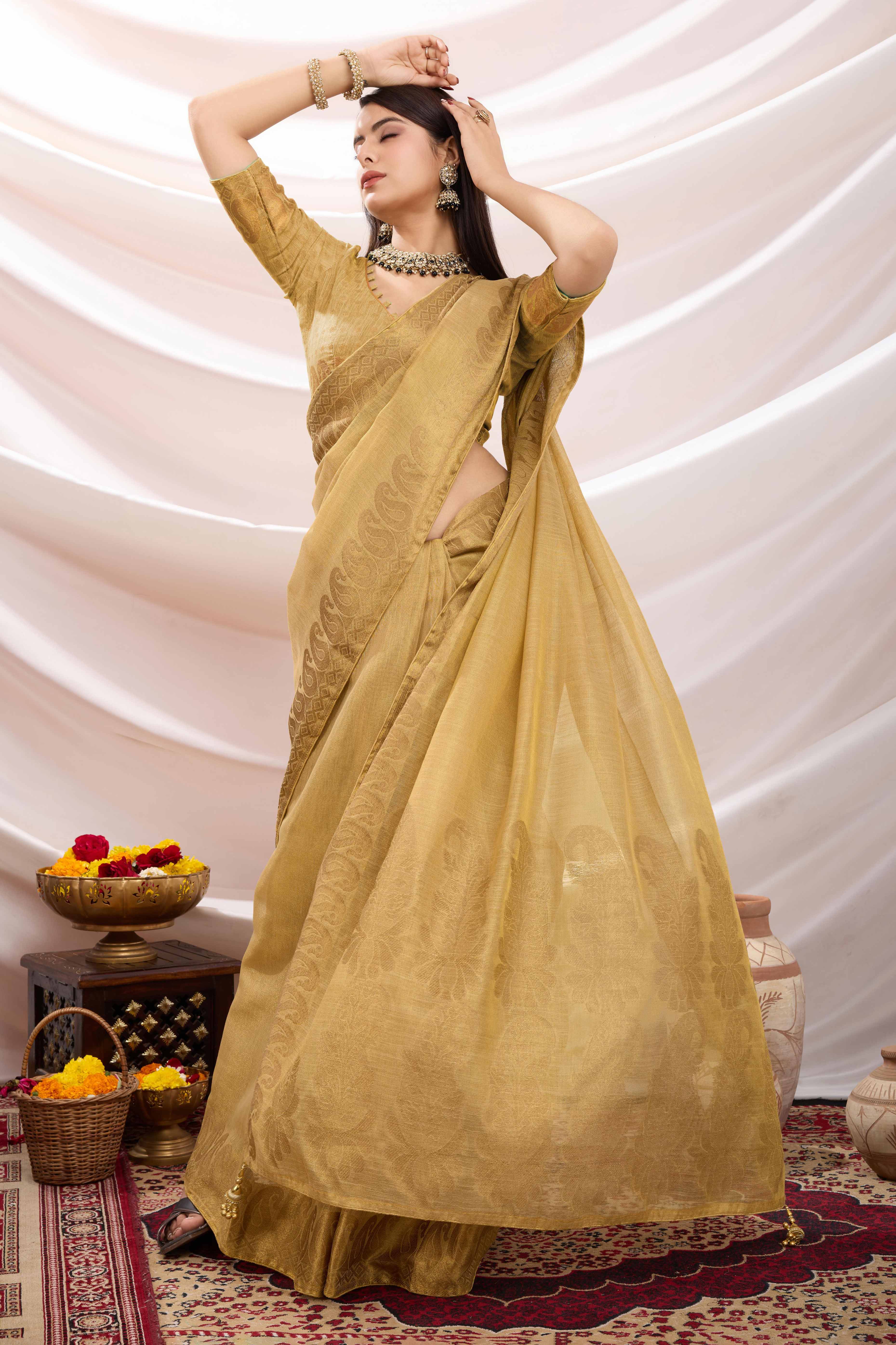 Beige Festive Linen Tissue Saree with Zari Borders