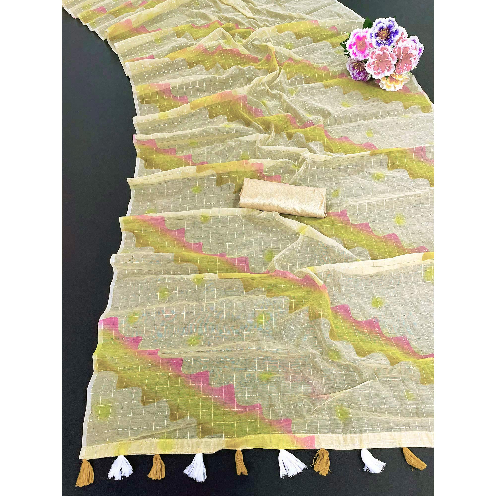 Yellow Hand Printed With Zari Woven Cotton Blend Saree