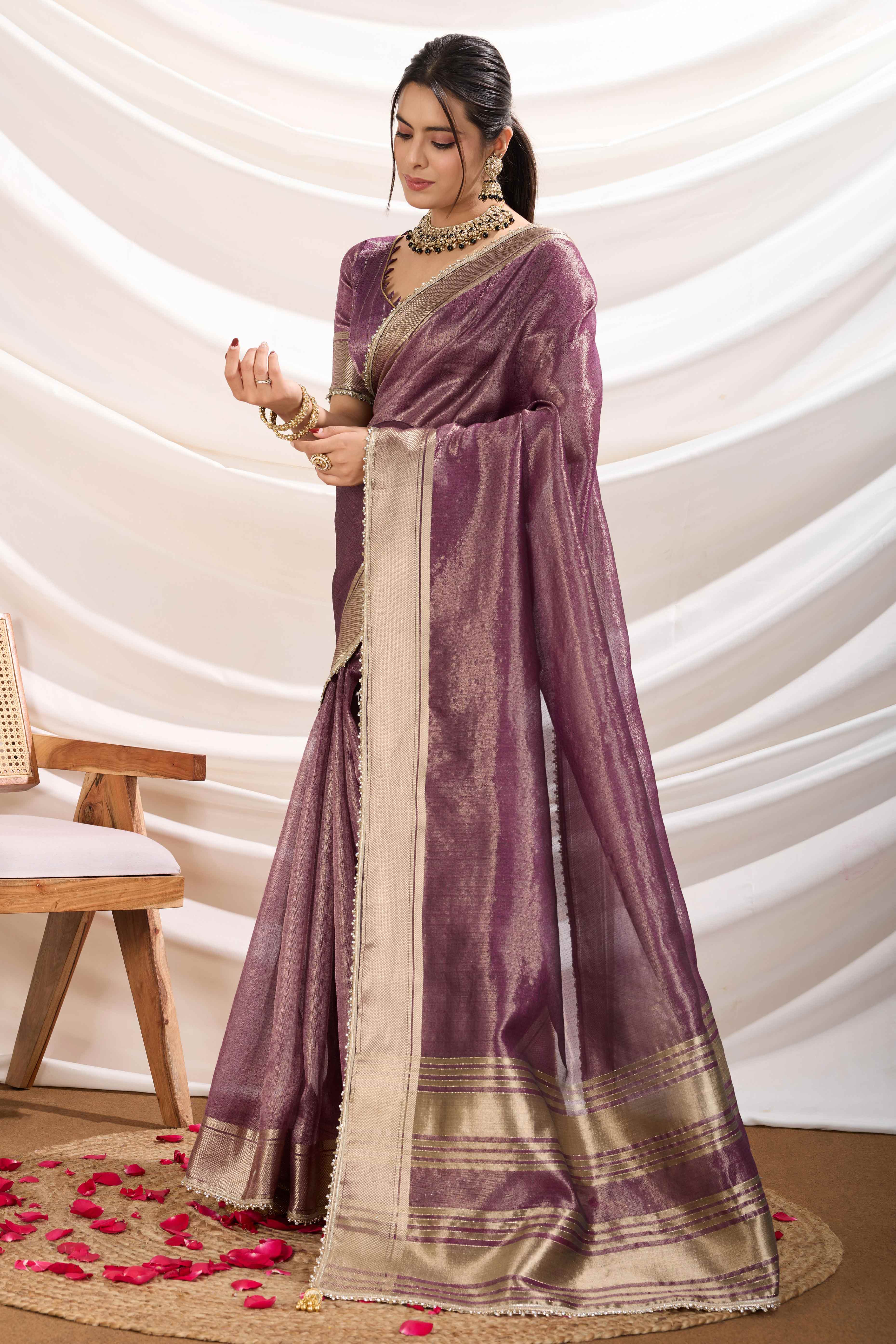 Purple Solid Linen Tissue Saree With Weaving & Zarkan Lace Border
