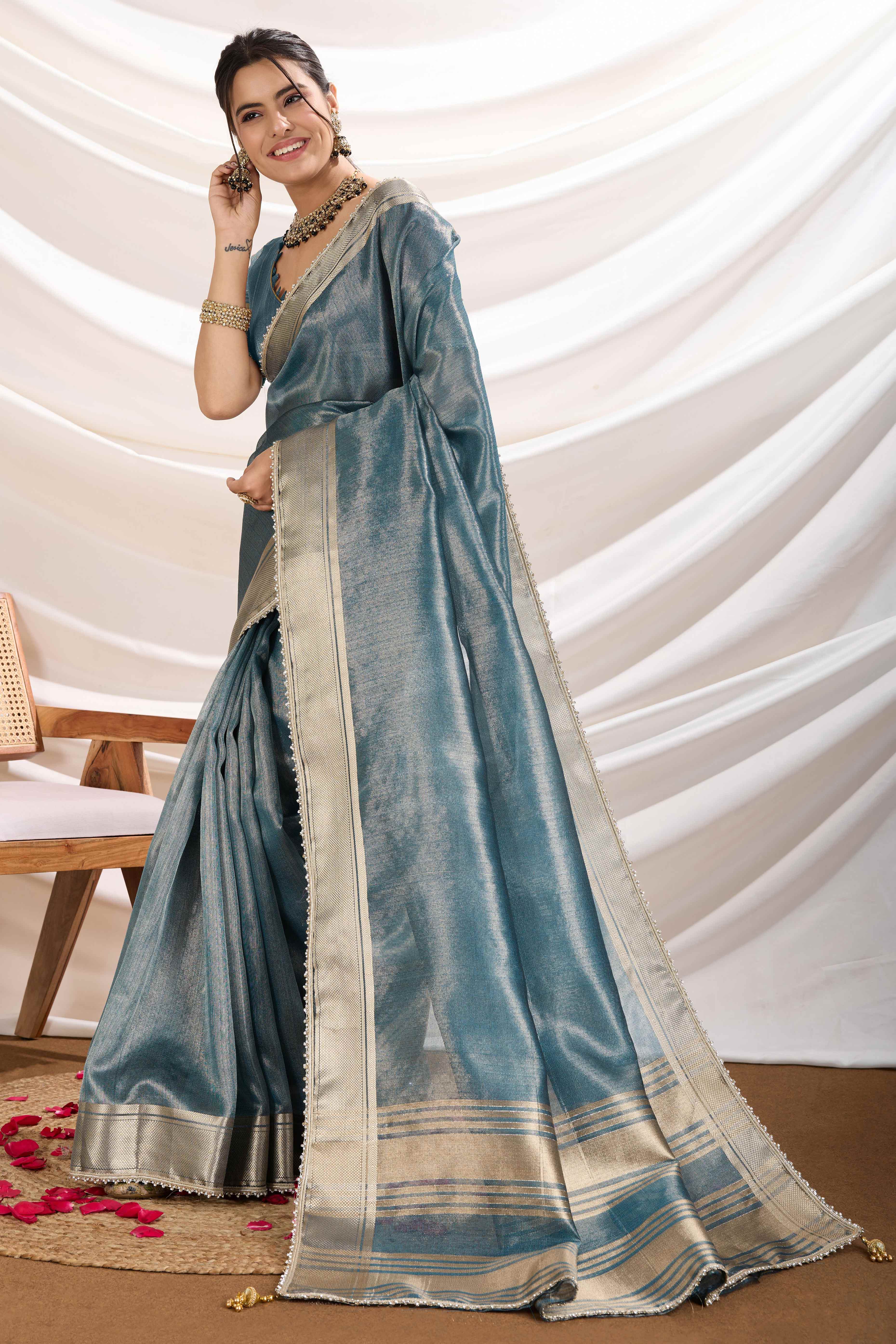 Blue Solid Linen Tissue Saree With Weaving & Zarkan Lace Border