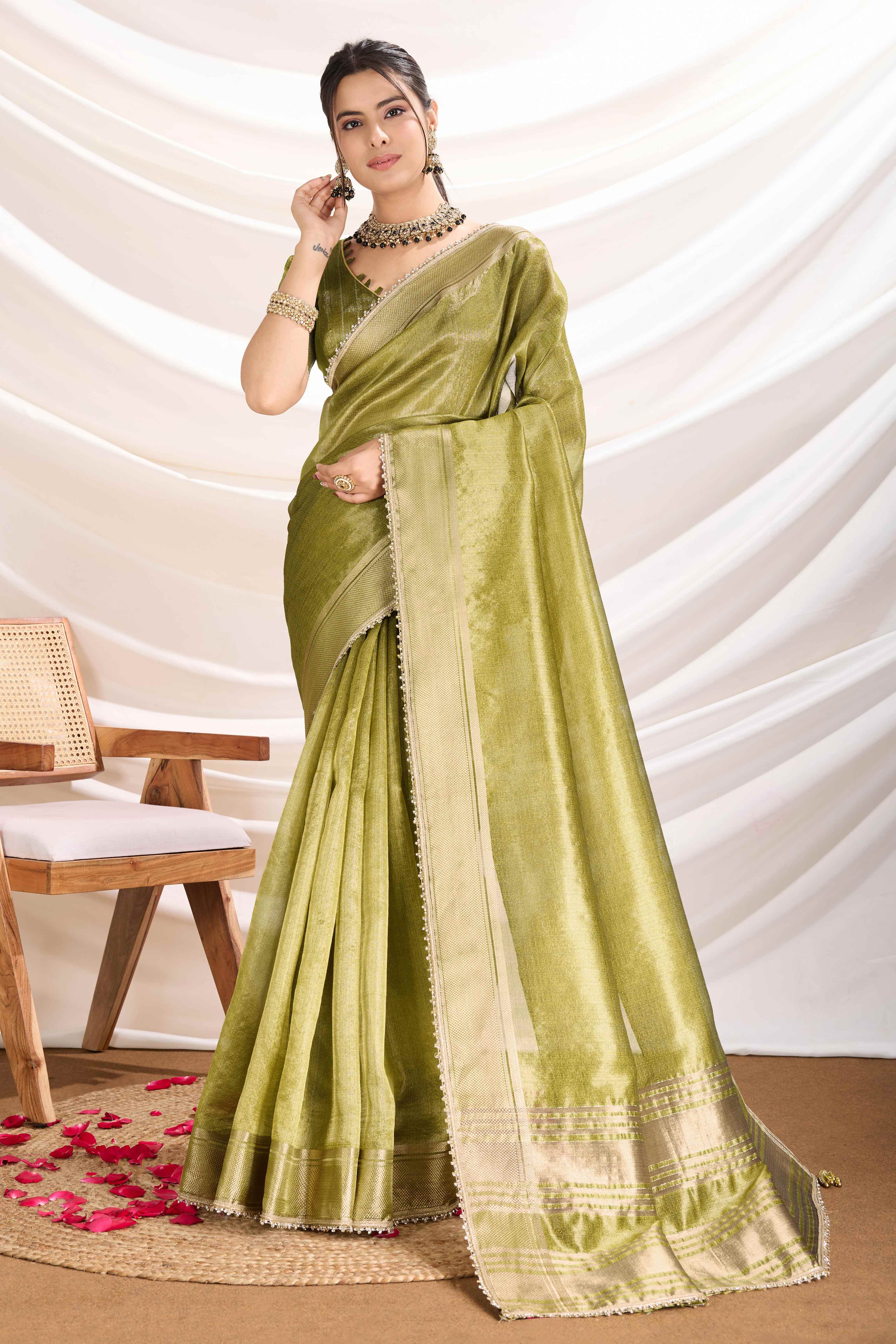 Green Solid Linen Tissue Saree With Weaving & Zarkan Lace Border
