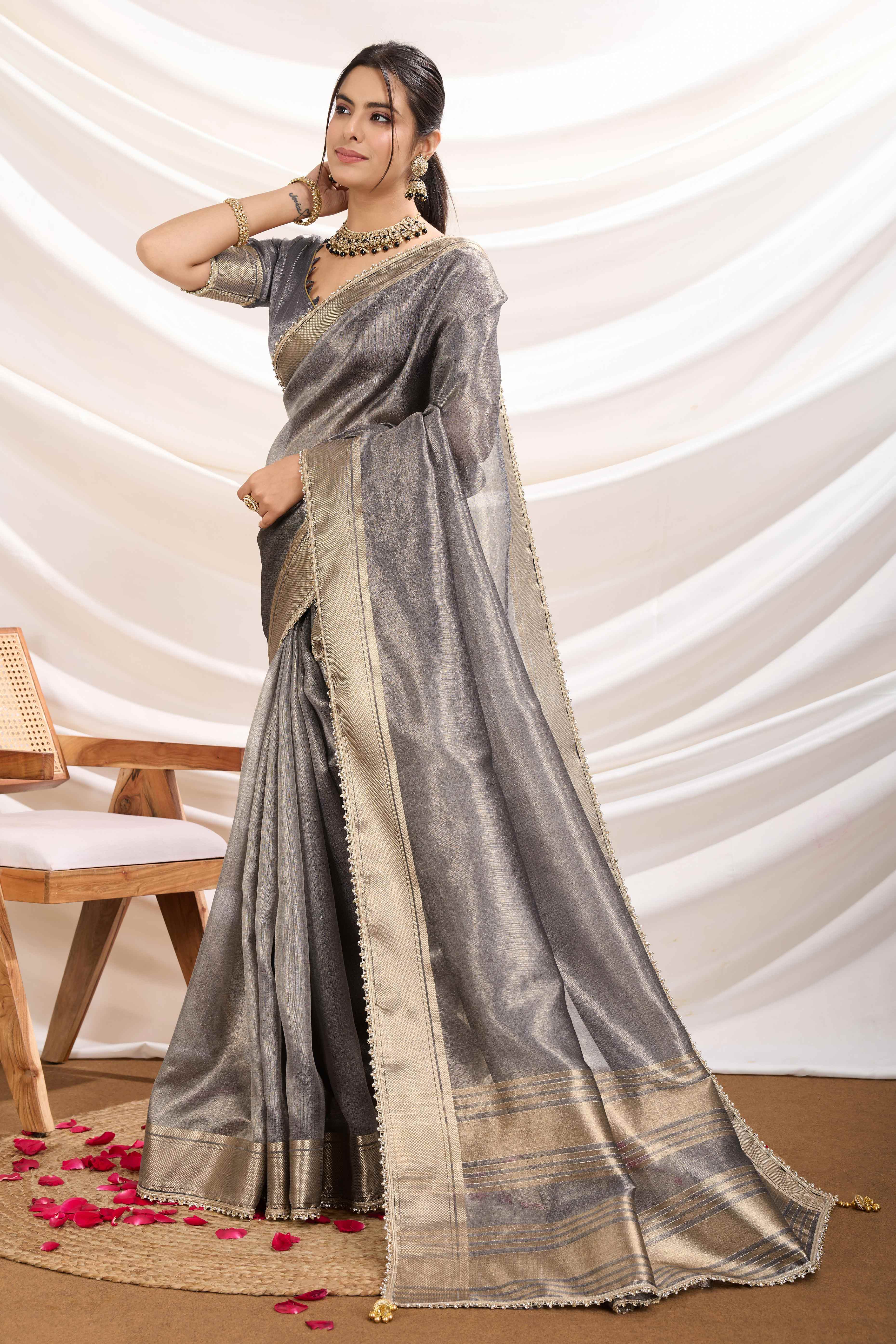 Grey Solid Linen Tissue Saree With Weaving & Zarkan Lace Border