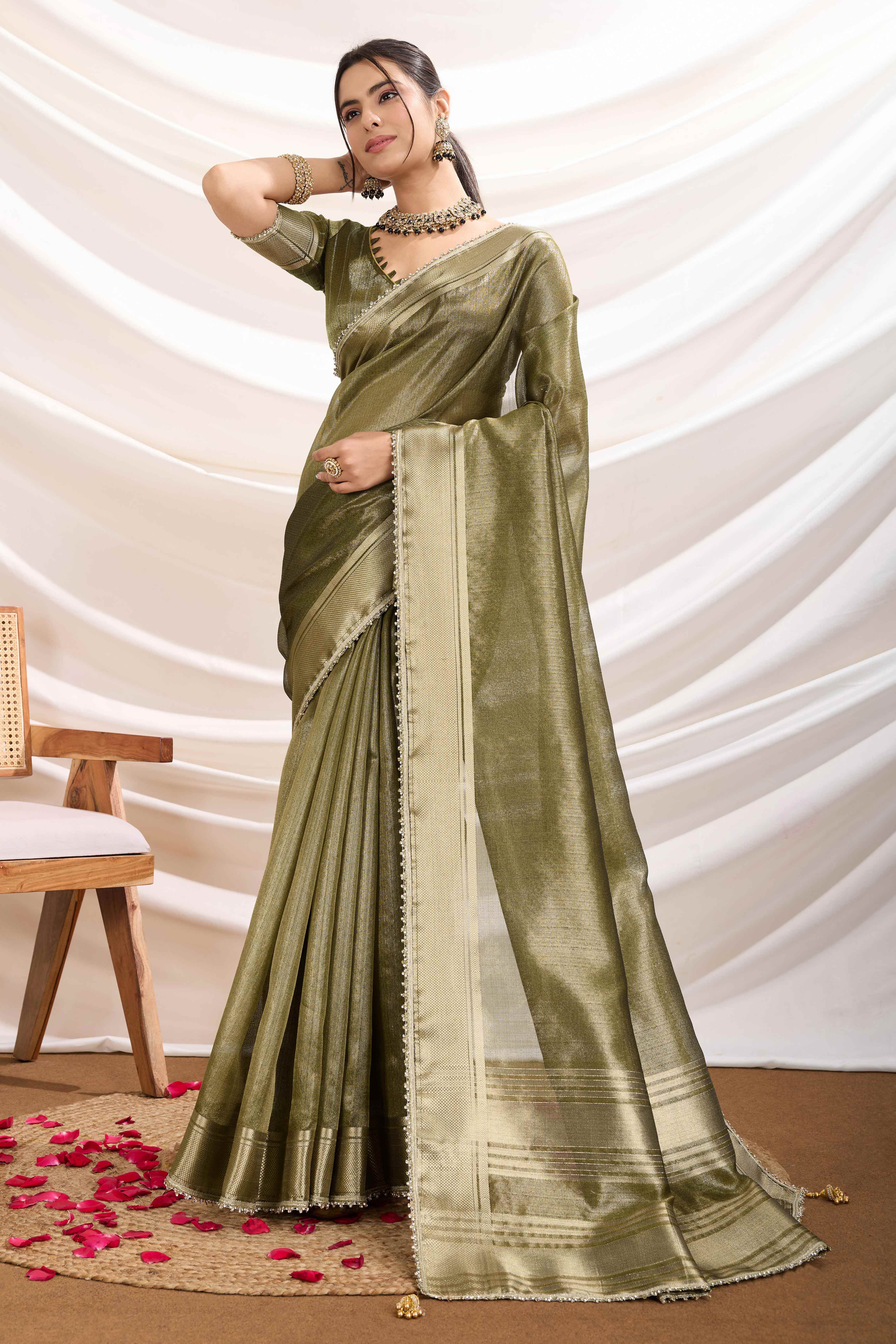 Mehendi Green Solid Linen Tissue Saree With Weaving & Zarkan Lace Border
