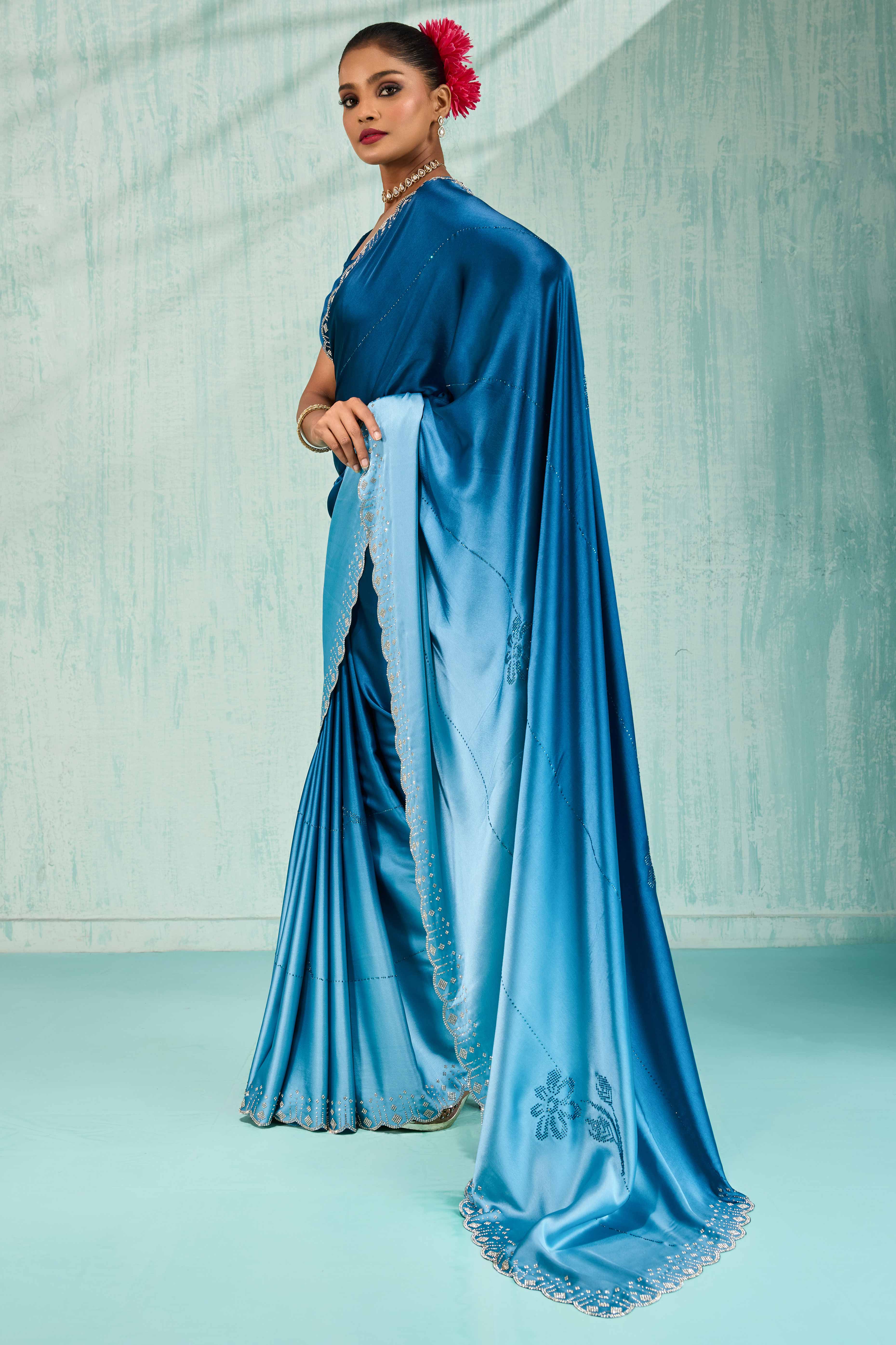 Morpich Blue Satin Ombre Saree Adorned With Rhinestone Crystal Handwork & Elegant Scalloped Border