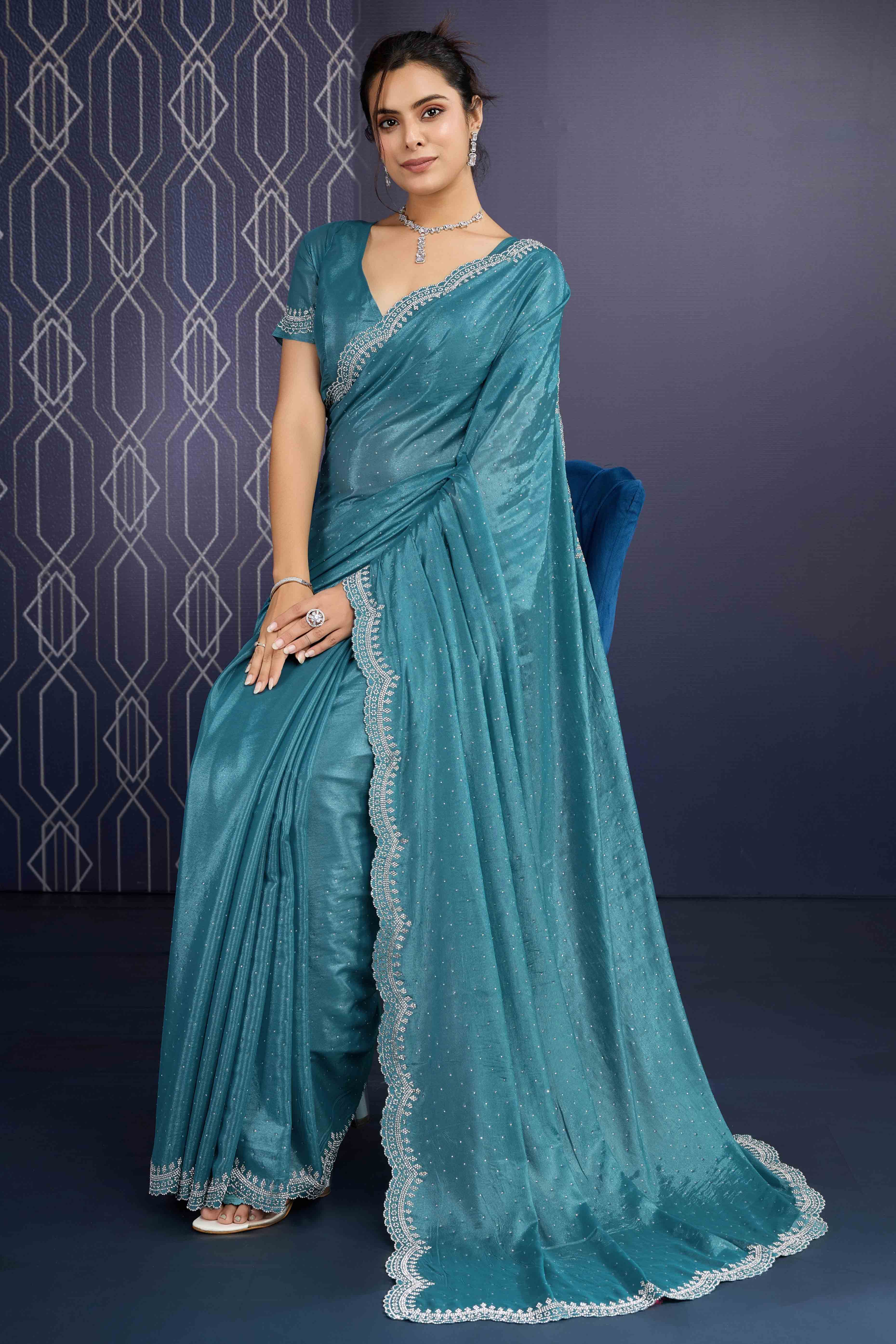 Teal Swarovski Work Embellished Georgette Saree