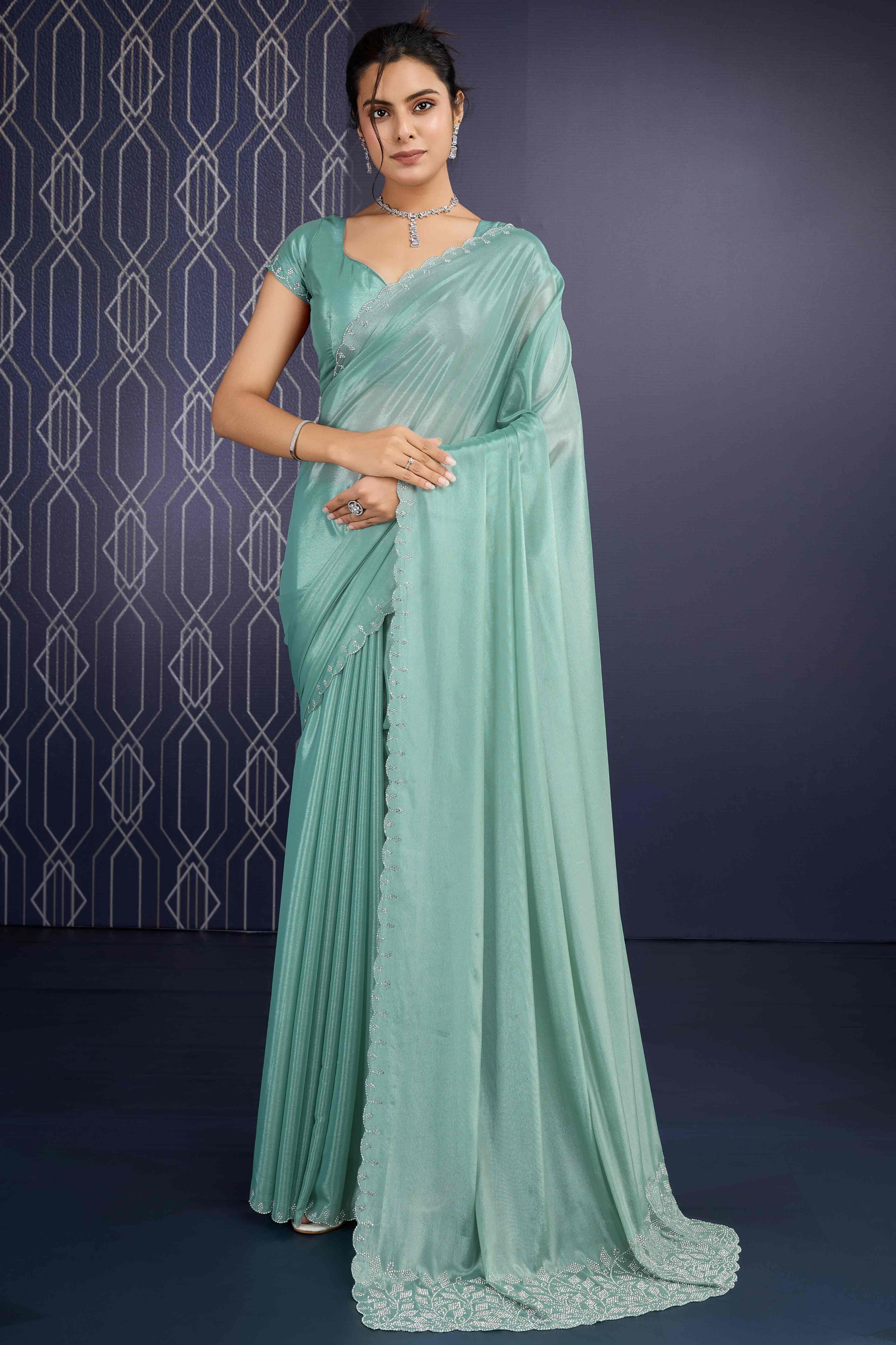 Sea Green Swarovski Work Embellished Georgette Saree