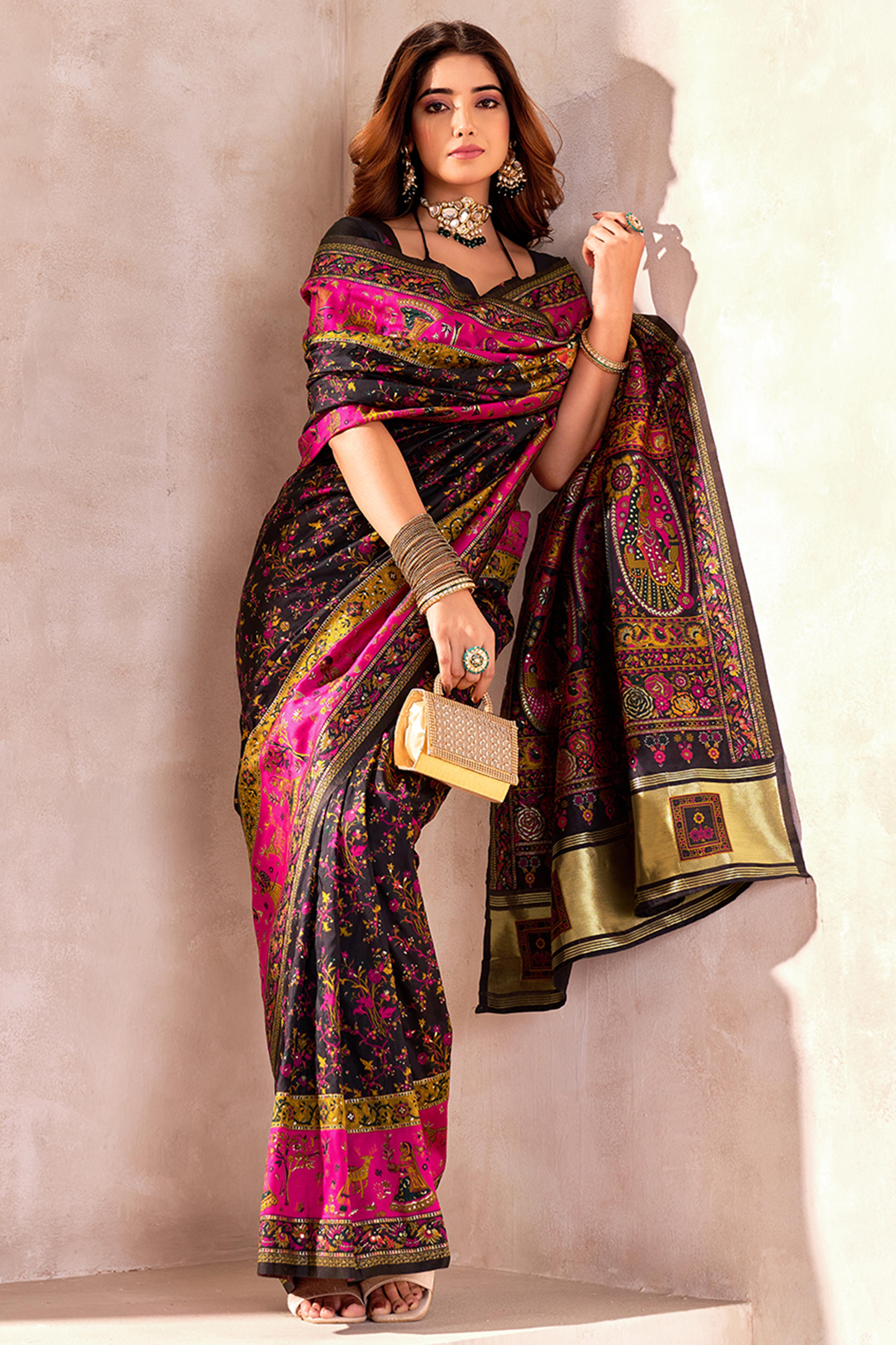 Traditional Black Rajwadi Weaving Pashmina Silk Saree With Kashmiri Pallu & Elegant Zari Border