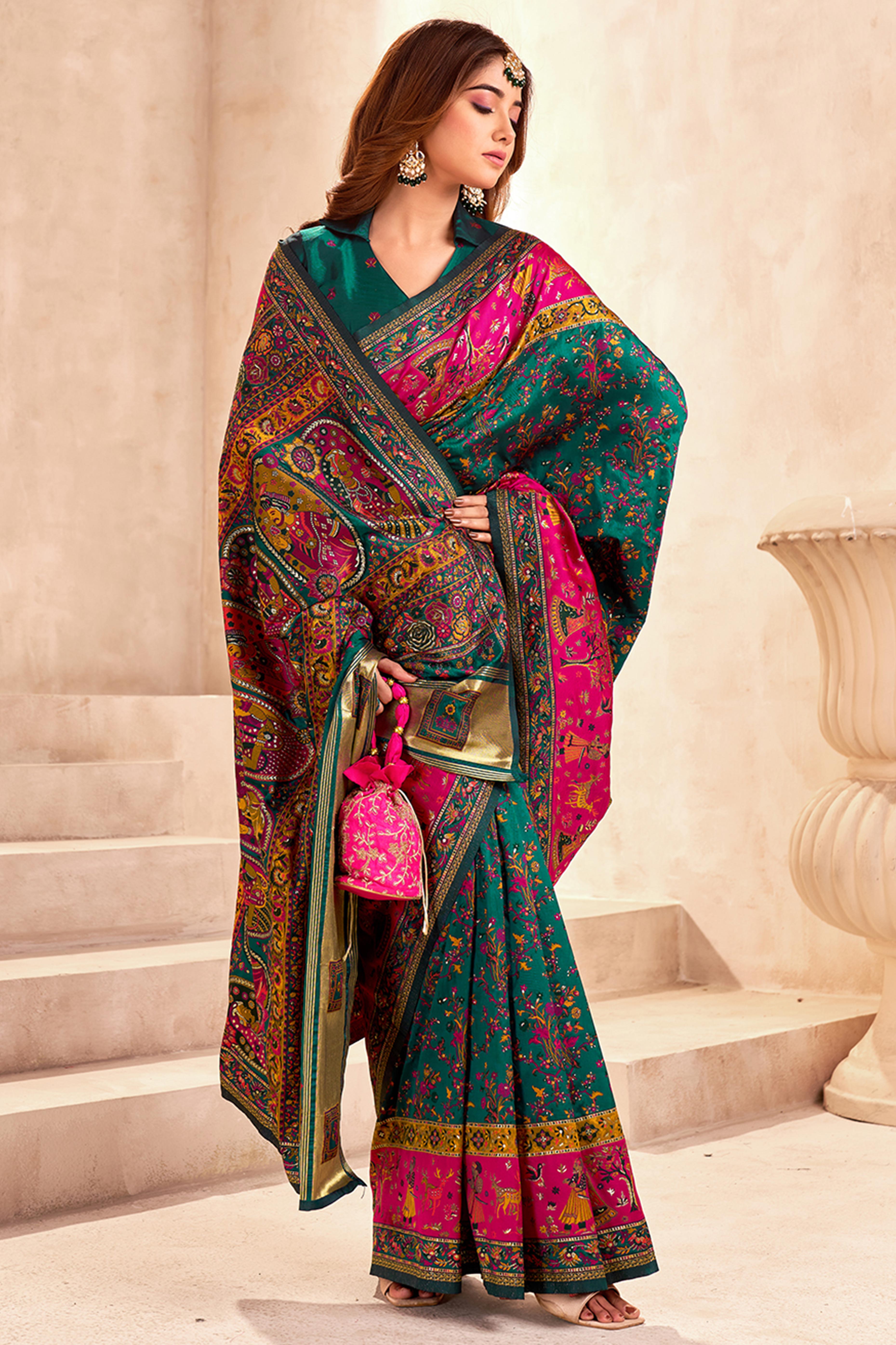 Traditional Green Rajwadi Weaving Pashmina Silk Saree With Kashmiri Pallu & Elegant Zari Border
