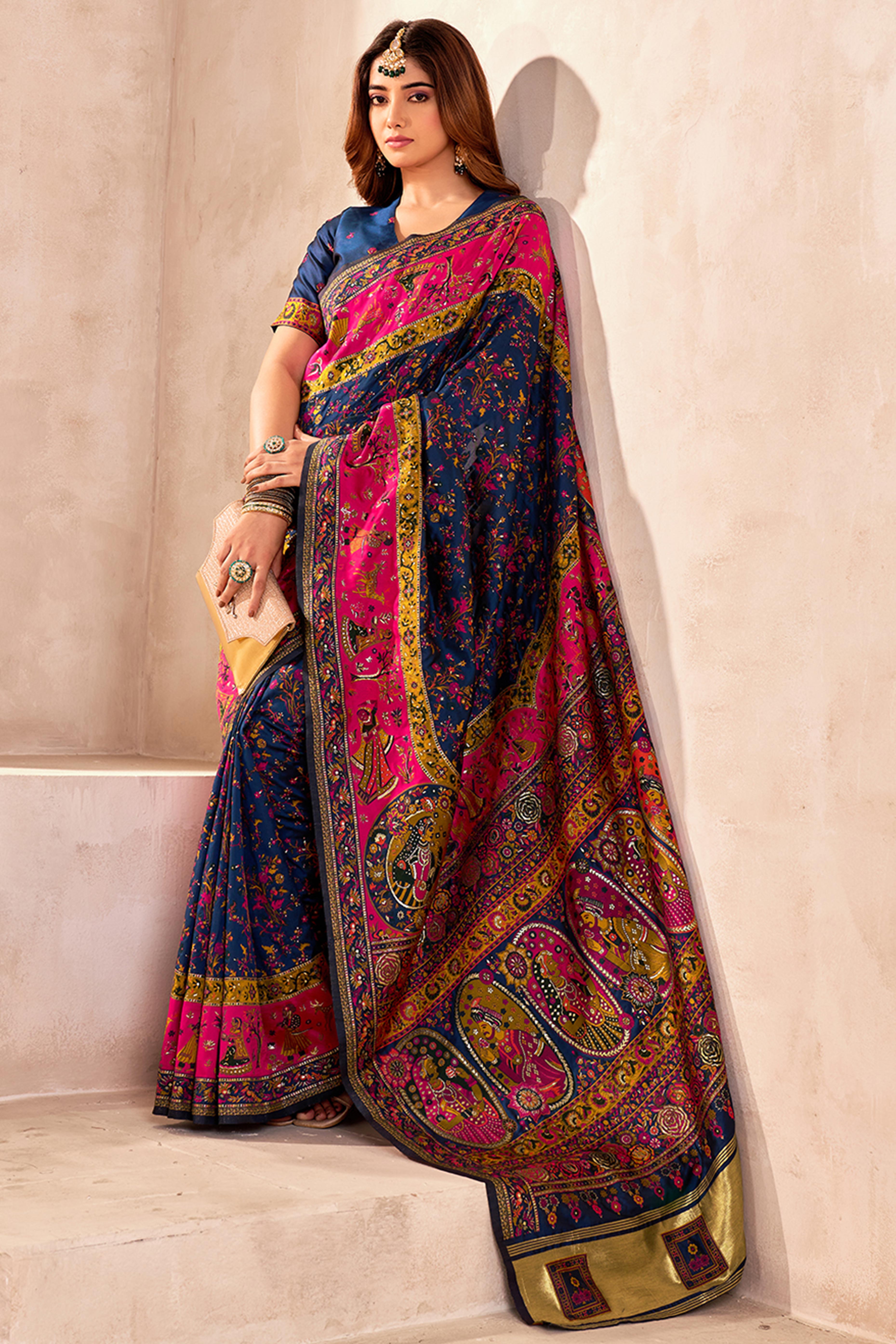 Traditional Navy Blue Rajwadi Weaving Pashmina Silk Saree With Kashmiri Pallu & Elegant Zari Border