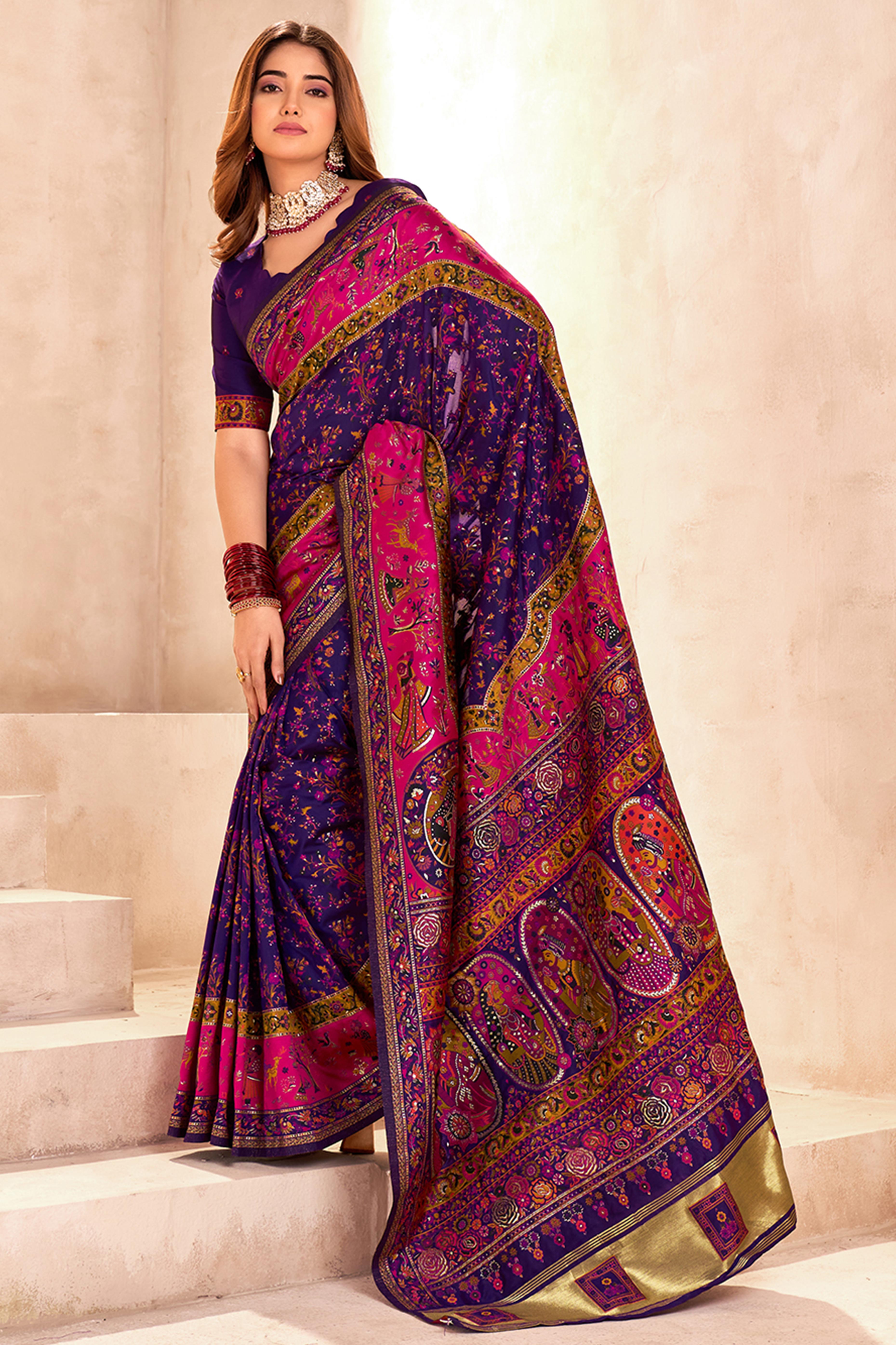 Traditional Purple Rajwadi Weaving Pashmina Silk Saree With Kashmiri Pallu & Elegant Zari Border