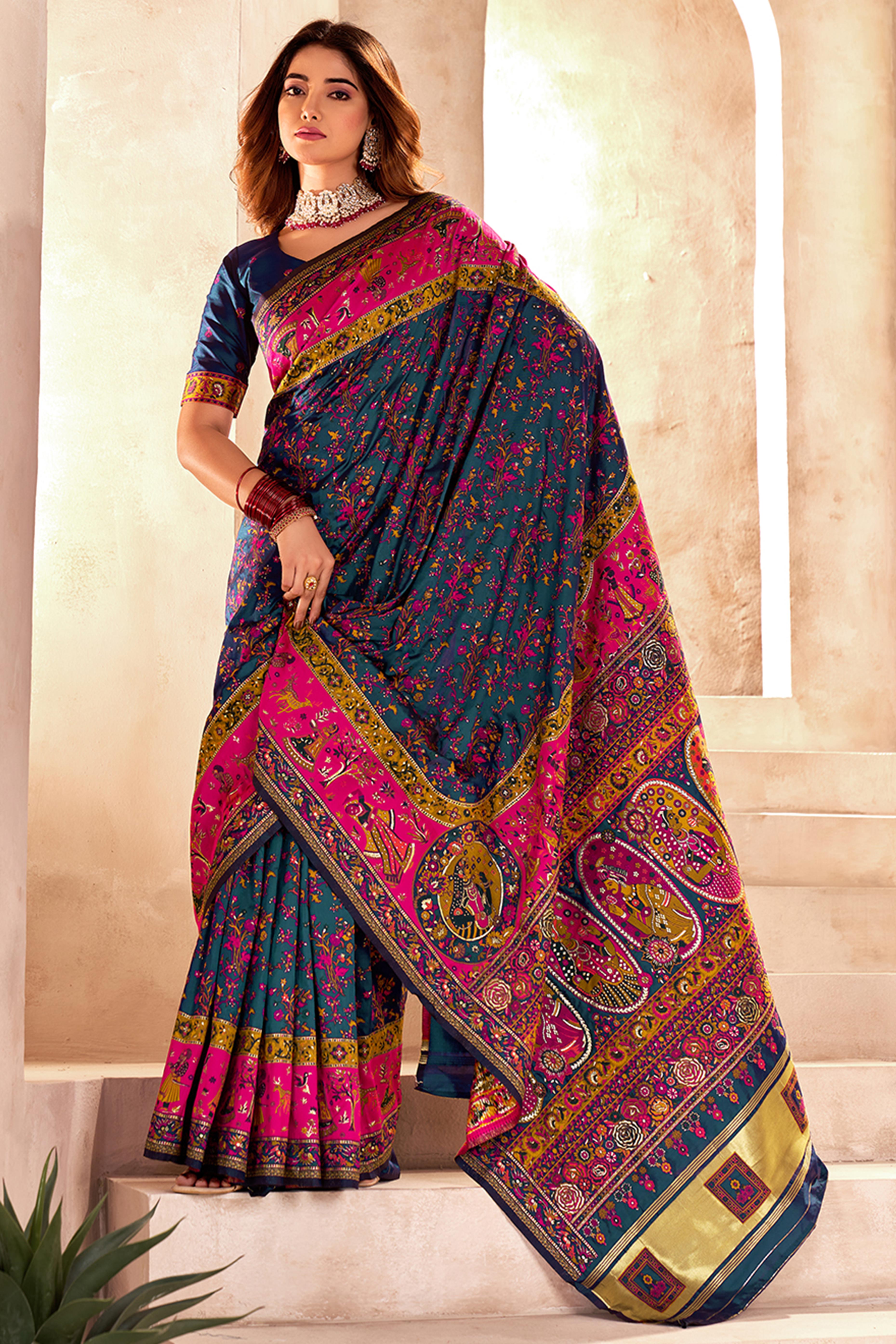 Traditional Teal Rajwadi Weaving Pashmina Silk Saree With Kashmiri Pallu & Elegant Zari Border
