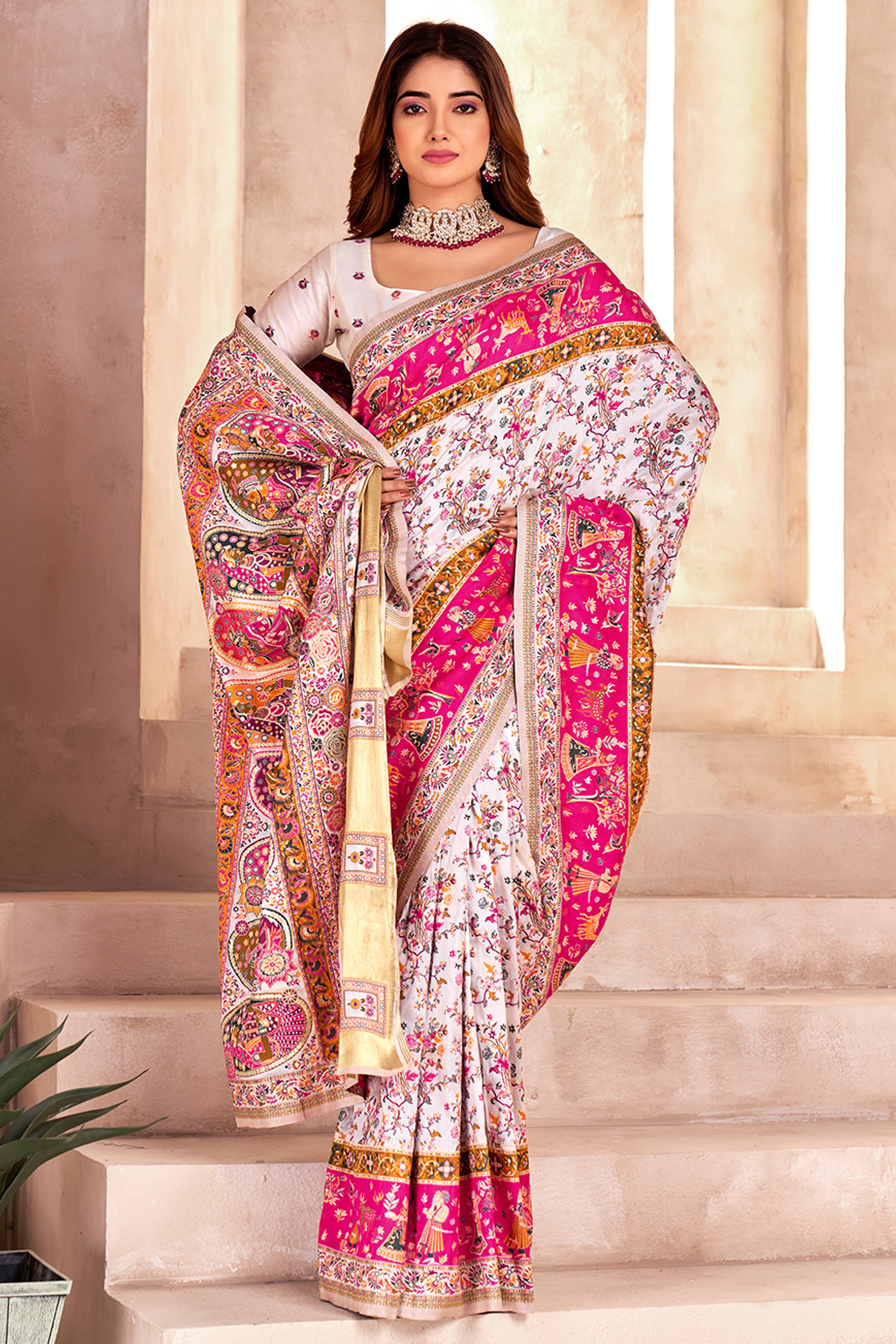 Traditional White Rajwadi Weaving Pashmina Silk Saree With Kashmiri Pallu & Elegant Zari Border